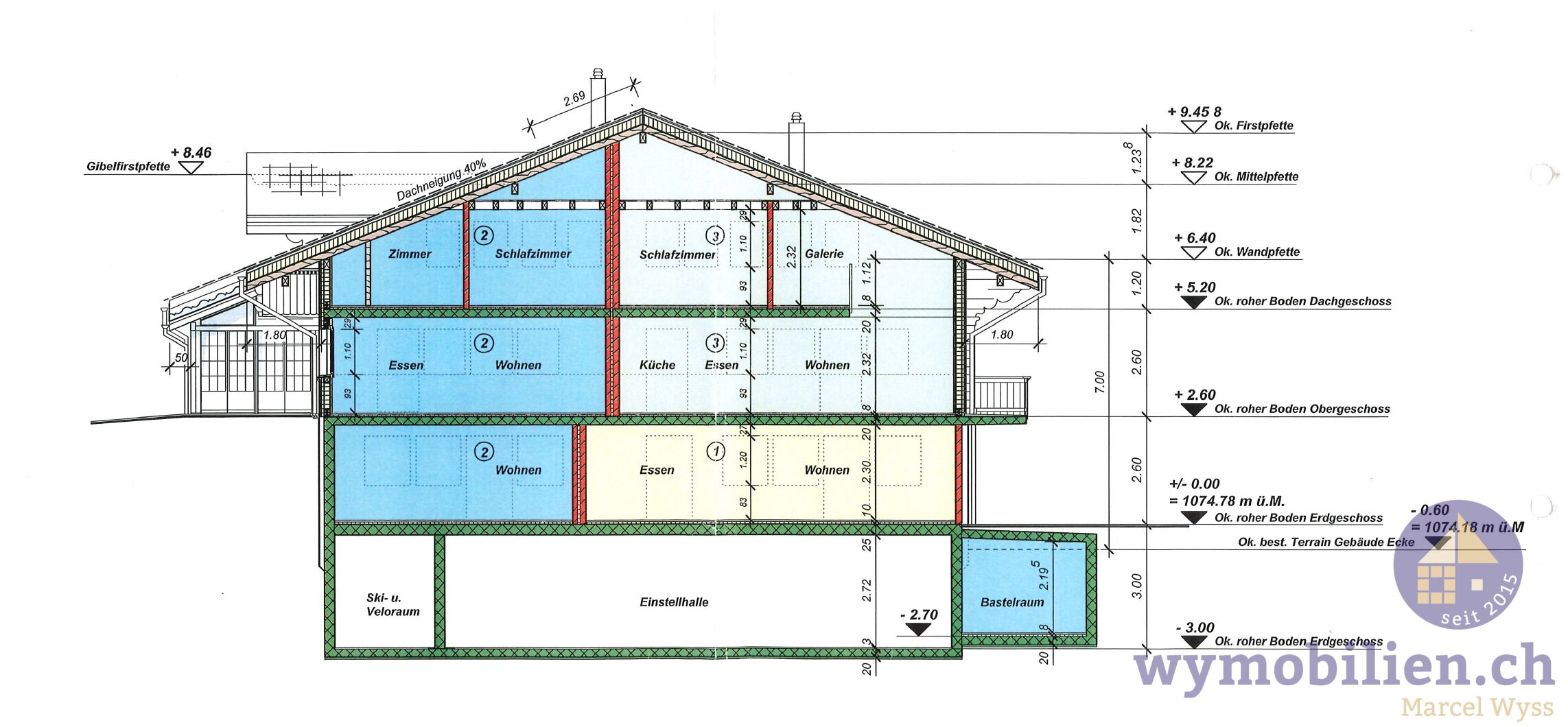 Blau markierter Teil (Wohnung + Bastelraum) steht zum Verkauf