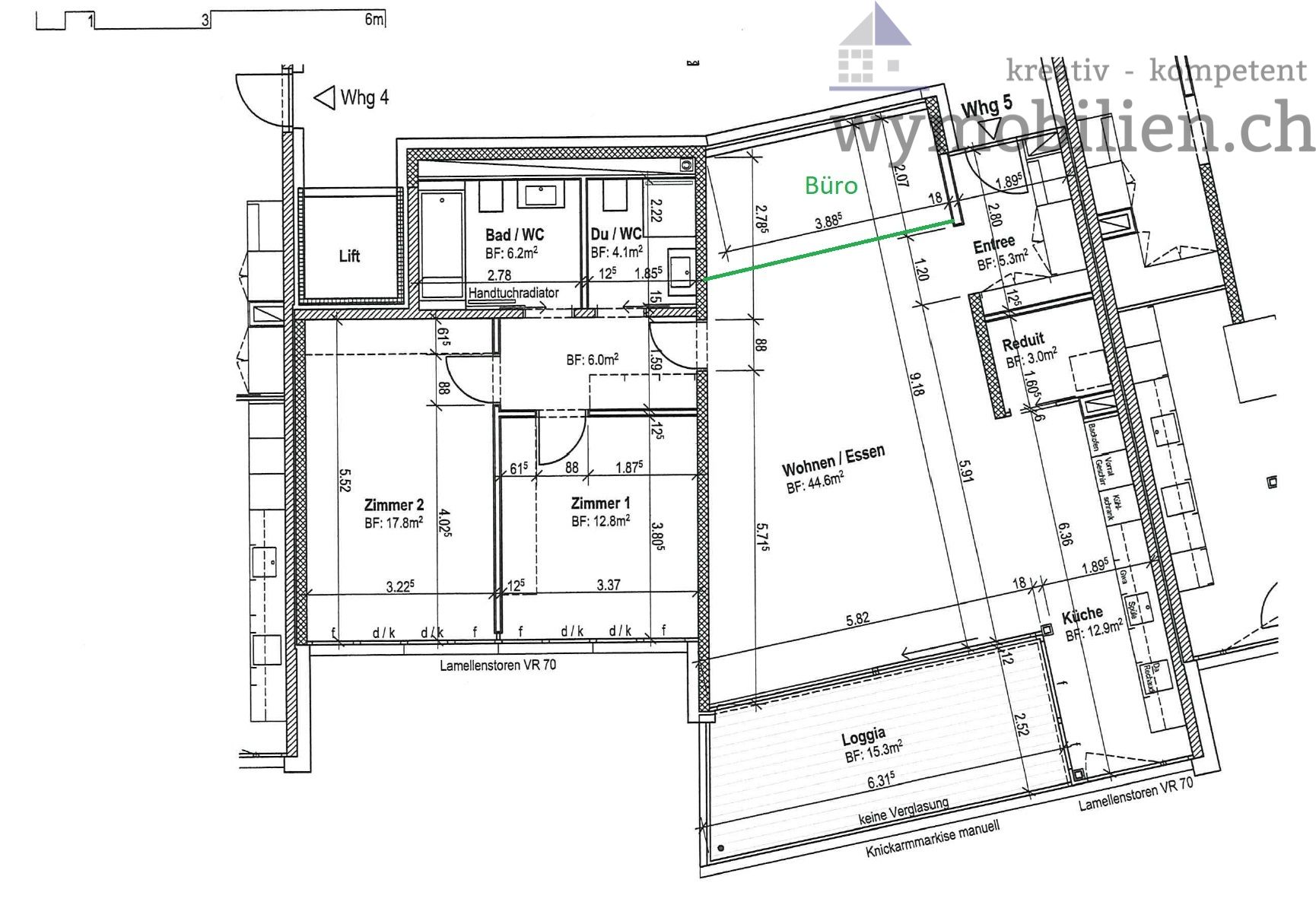 Grundriss der Wohnung (grün, Schiebetüre ins Büro)