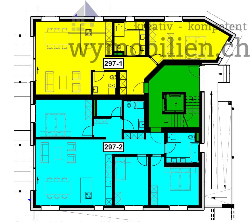 Wohnungen EG (gelb=2.5, blau=4.5 verkauft))