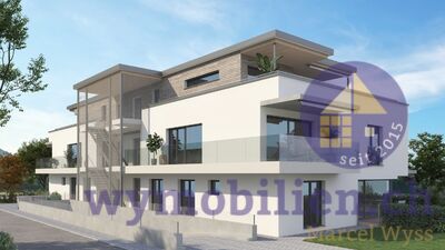 Ansicht Nordwest mit der Einfahrt in die Einstellhalle und im Vordergrund der Balkon der 4.5 OG Whg (1090-03)