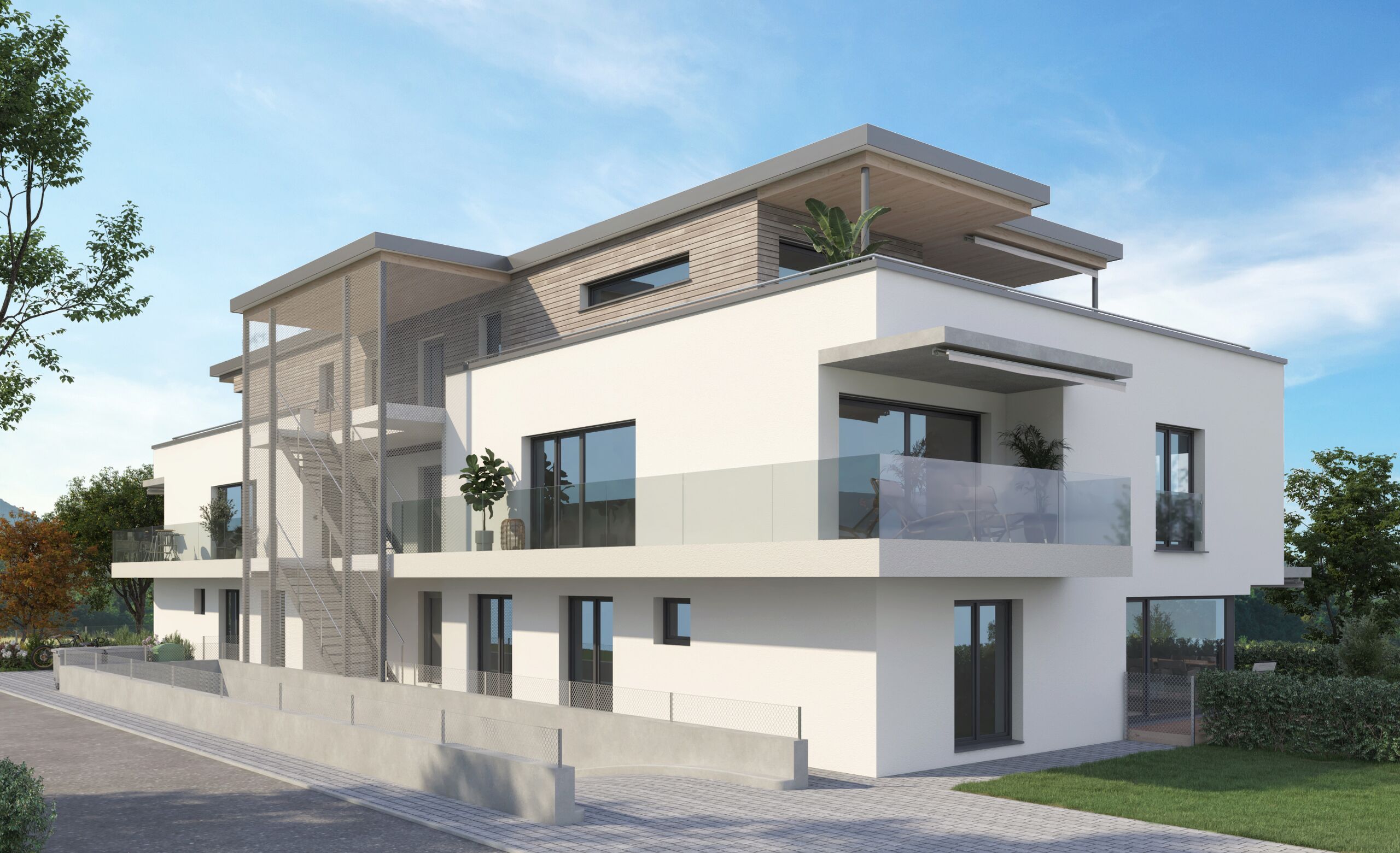 Ansicht Nordwest mit der Einfahrt in die Einstellhalle und im Vordergrund der Balkon der 4.5 OG Whg (1090-03)