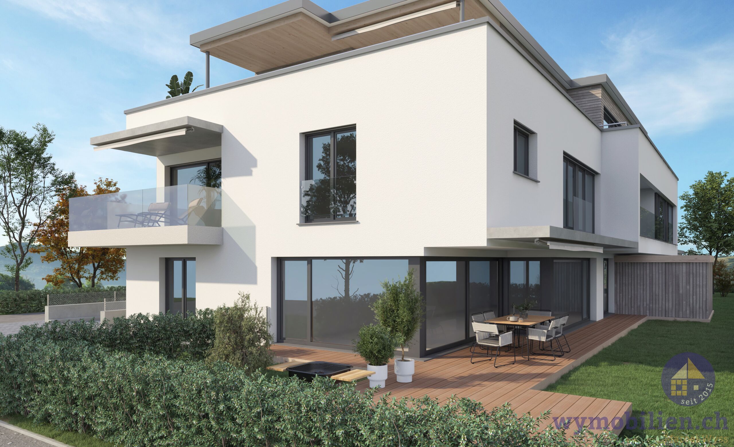 Ansicht West mit der Garten- und OG Wohnung West (1090-01 / 1090-03)