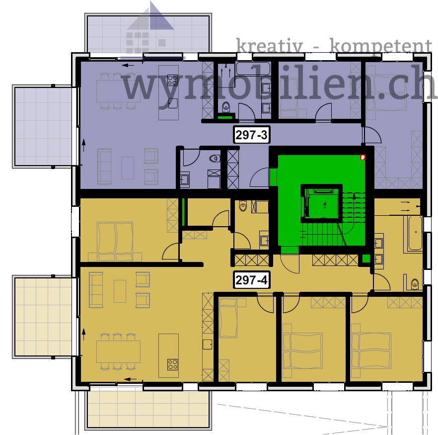 Wohnungen OG (braun=5.5 / violett 3.5 verkauft)) 