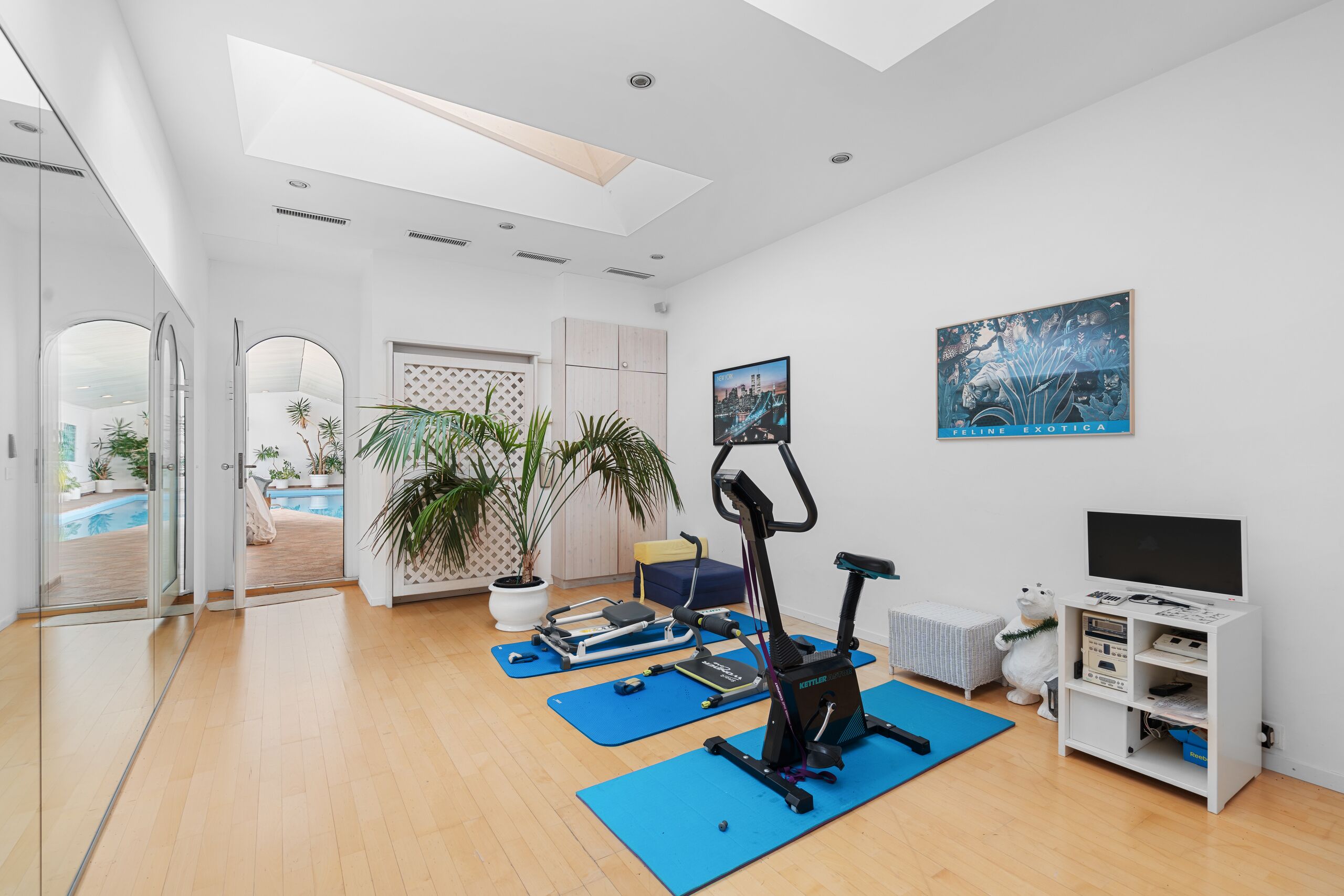 a large room with blue floors and skylights overlooking a pool