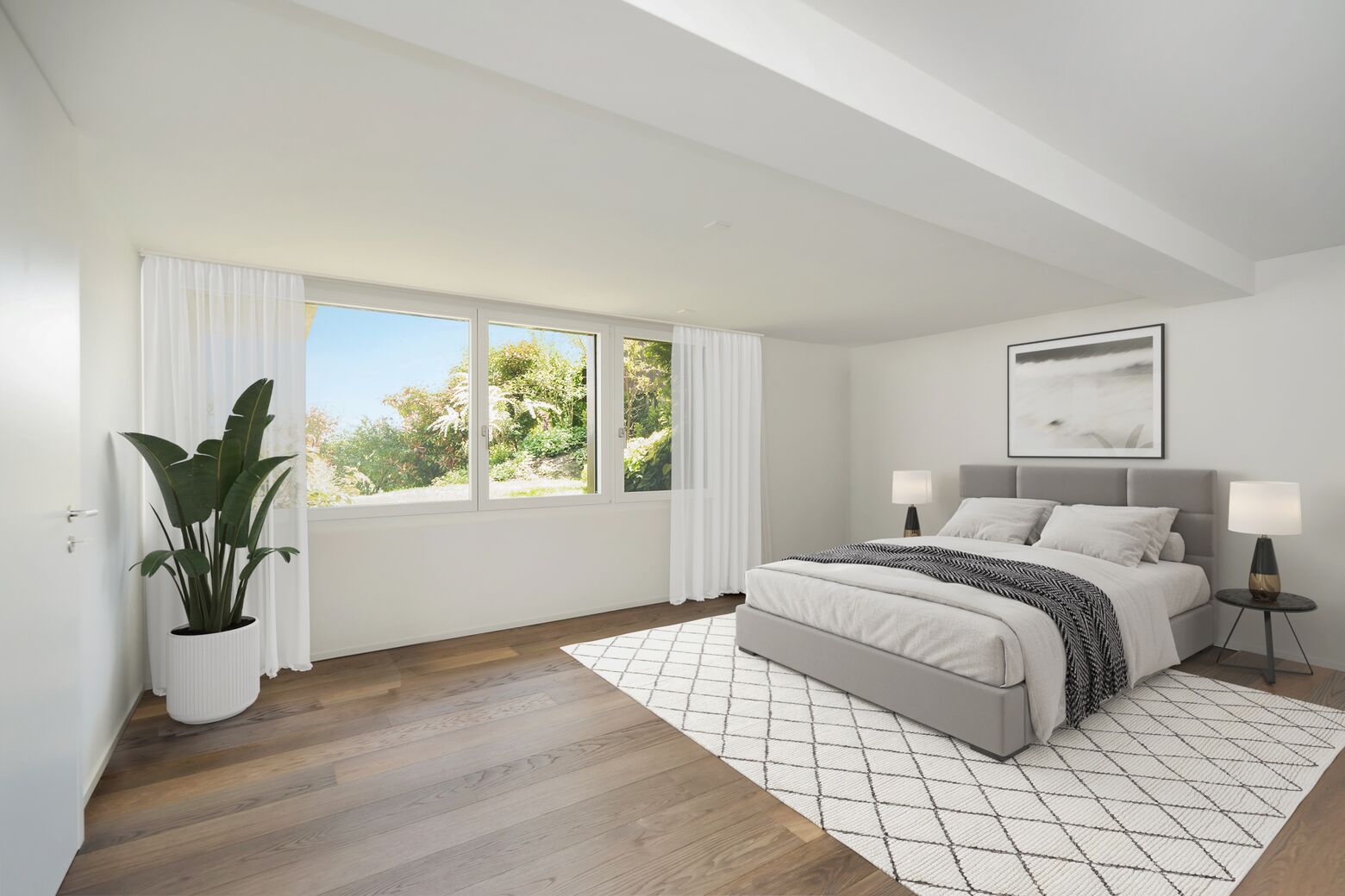 Studio / Gästezimmer im Erdgeschoss mit Nasszelle. Die Sanitäranschlüsse für eine Küche sind vorhanden (Möbel visualisiert)