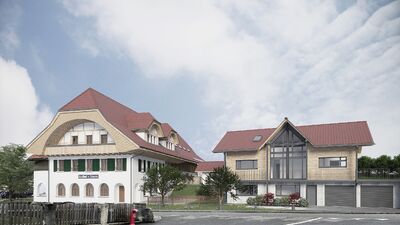 Ansicht West (Altbau) links, neues EFH rechts