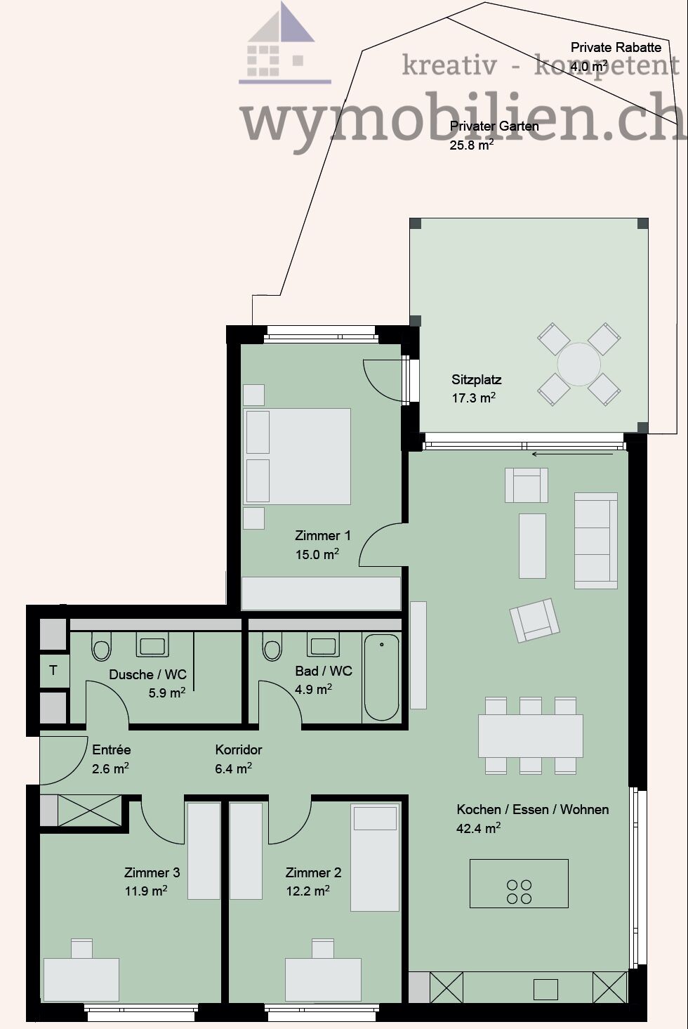 Wohnung 4.5 EG mit priv. Garten / statt Badewanne wurde WM/Tumbler installiert