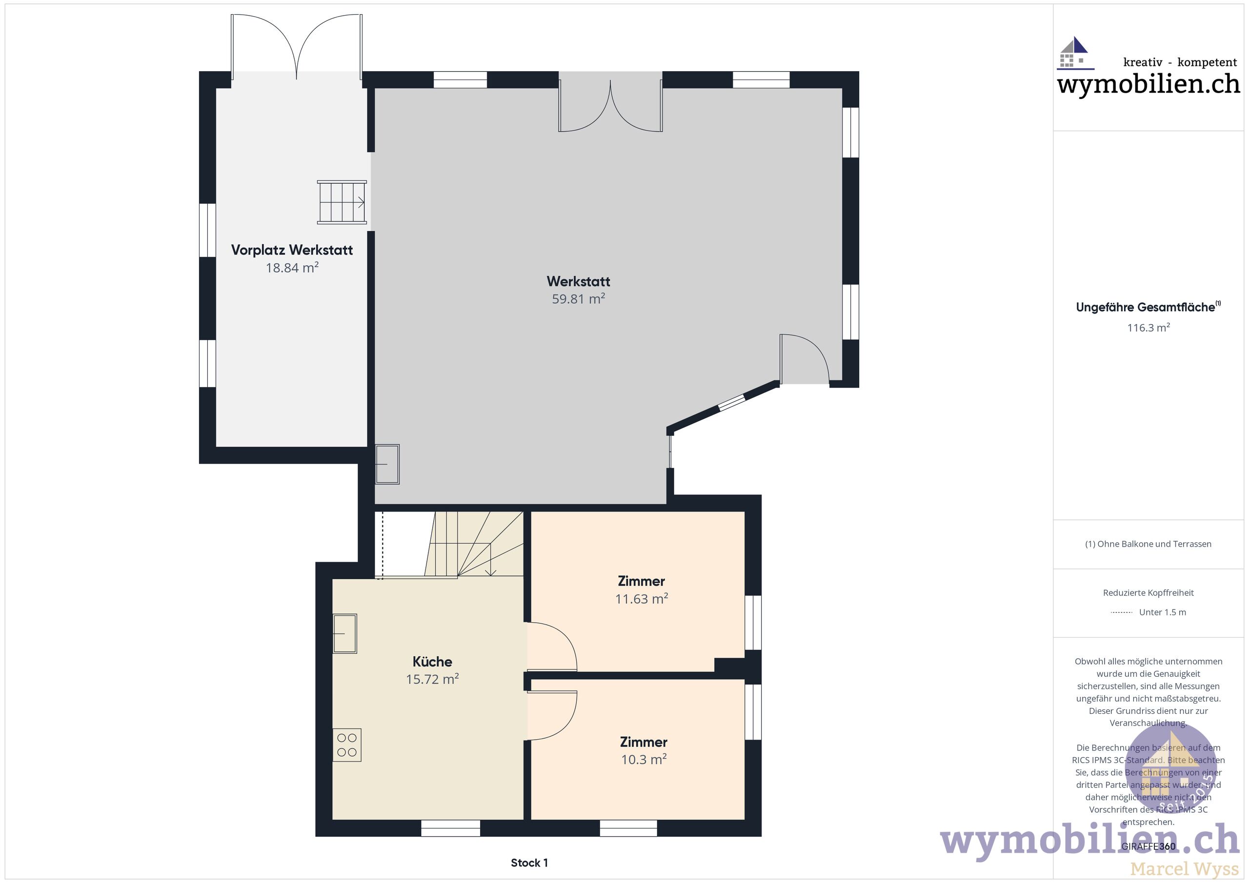 Grundriss Küche/Zimmer Whg 1 / Werkstatt