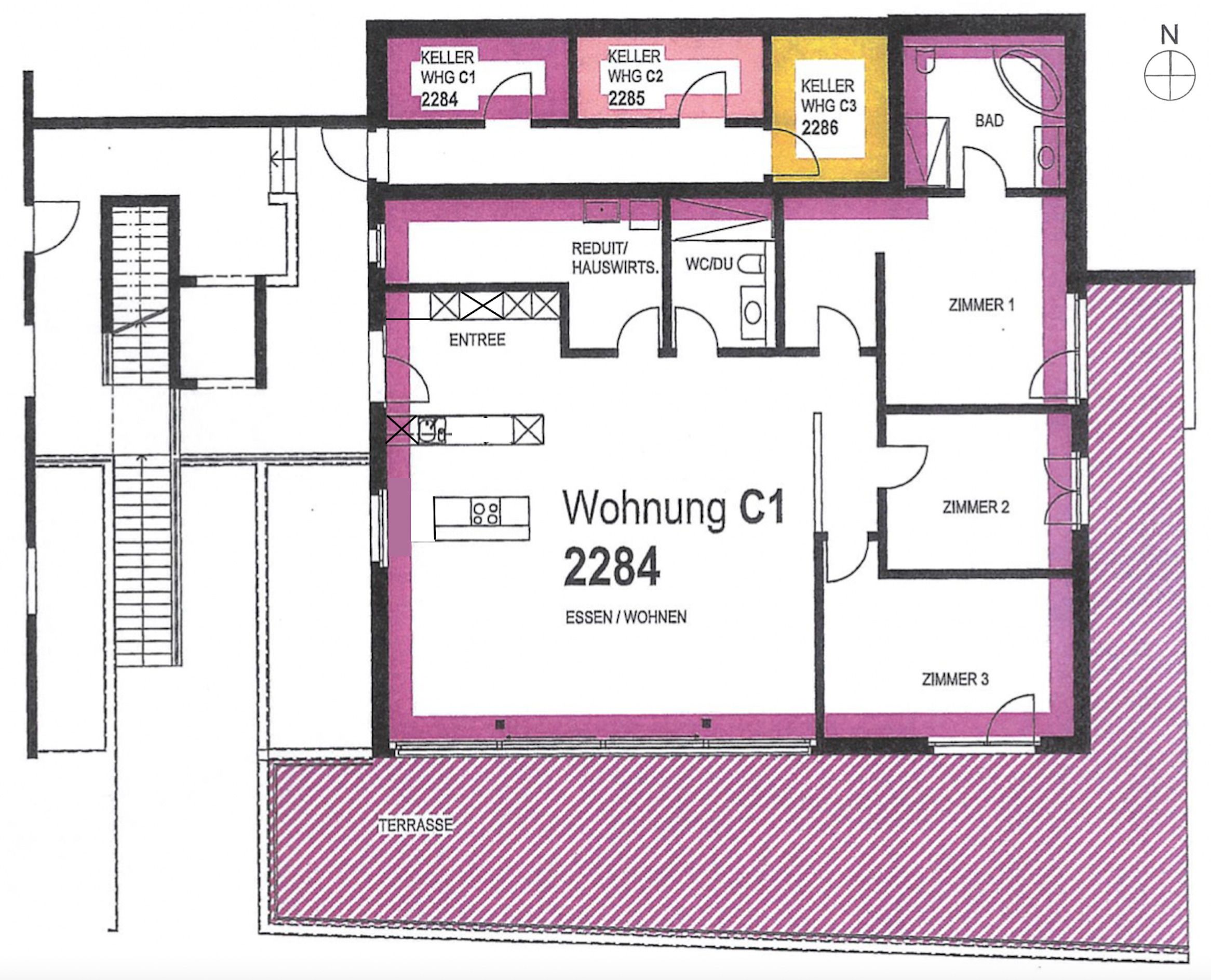 Grundriss 4.5-Zimmer-Terrassenwohnung + Keller (1.OG)