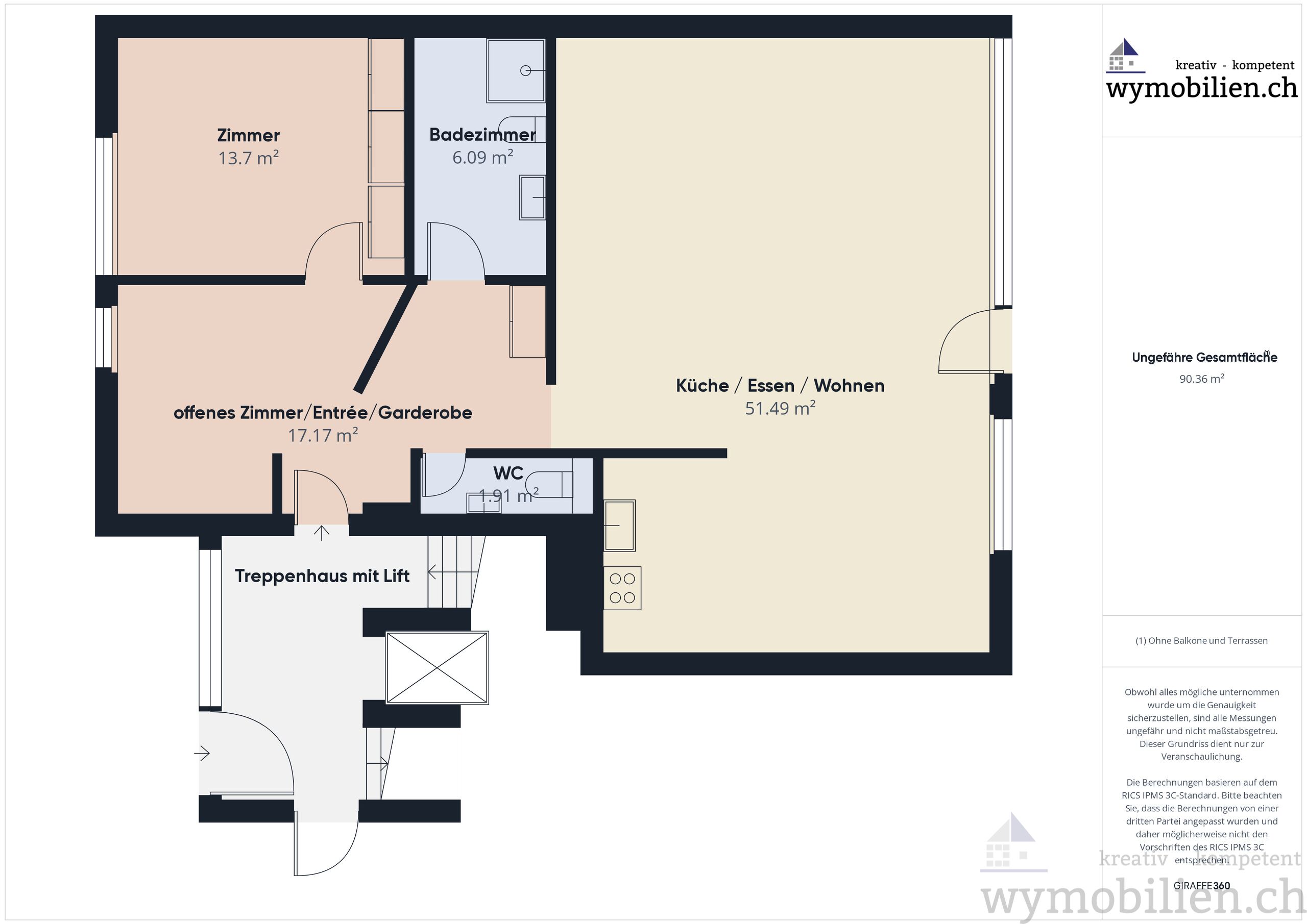 Grundriss mit einer Wohnfläche von 90m2