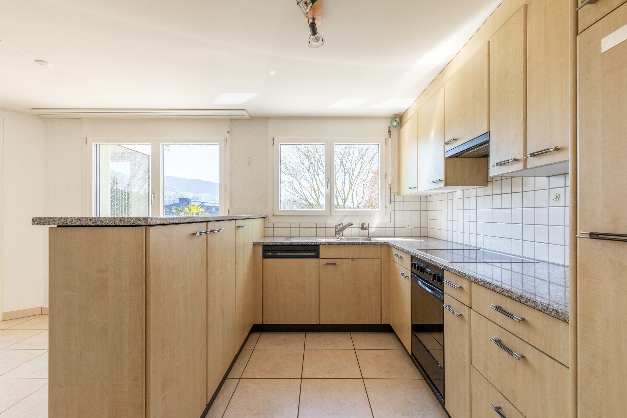Küche mit Abwaschmaschine, Glaskeramik-Kochfeld und Backofen