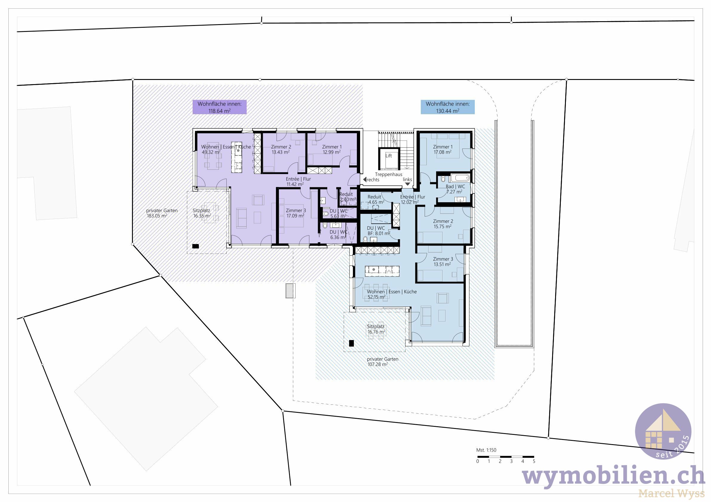 Wohnung 522-2 = violett, schraffierte Fläche = priv. Gartenbereich