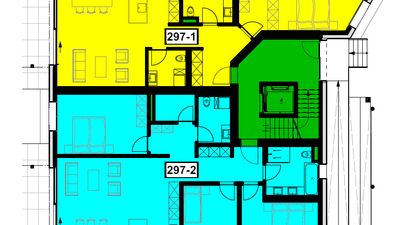 Wohnungen EG (gelb=2.5, blau=4.5 verkauft))