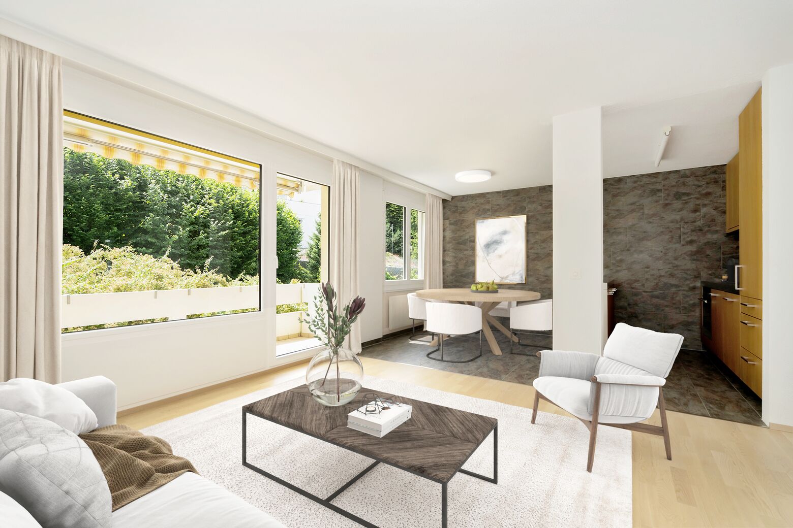 Wohn- Essbereich mit direktem Zugang zum Südbalkon (Möbel visualisiert)