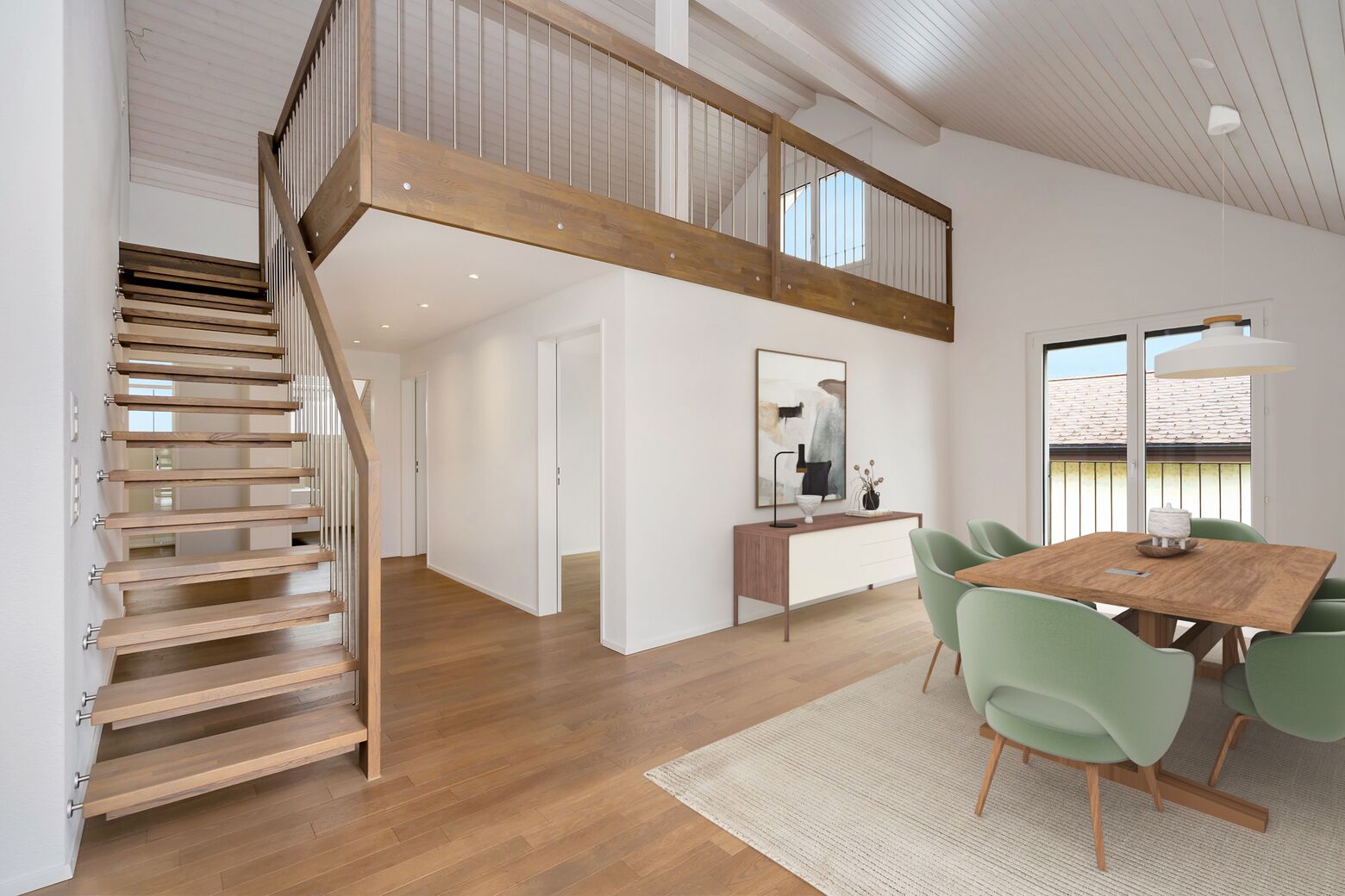 Wohn- Essbereich (36.88 m2 inkl. Küche). Ein Anschluss für ein Schwedenofen ist im Wohn- Essbereich vorhanden