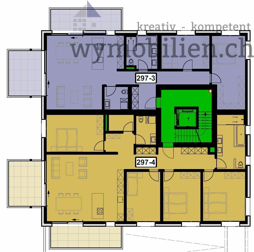 Wohnungen OG (5.5 = braun, 3.5 = violett; verkauft)