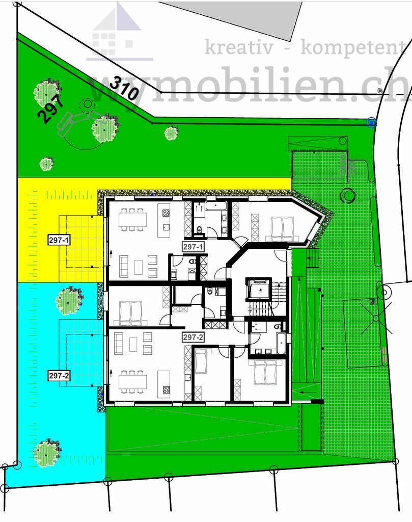 Situation EG (gelb = privat 2.5 Wohnung, grün = Allgemeinfläche)