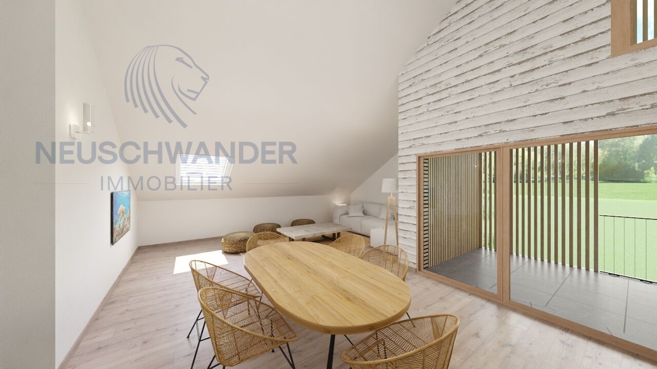 une maison blanche moderne avec une table et des chaises en bois et une grande fenêtre