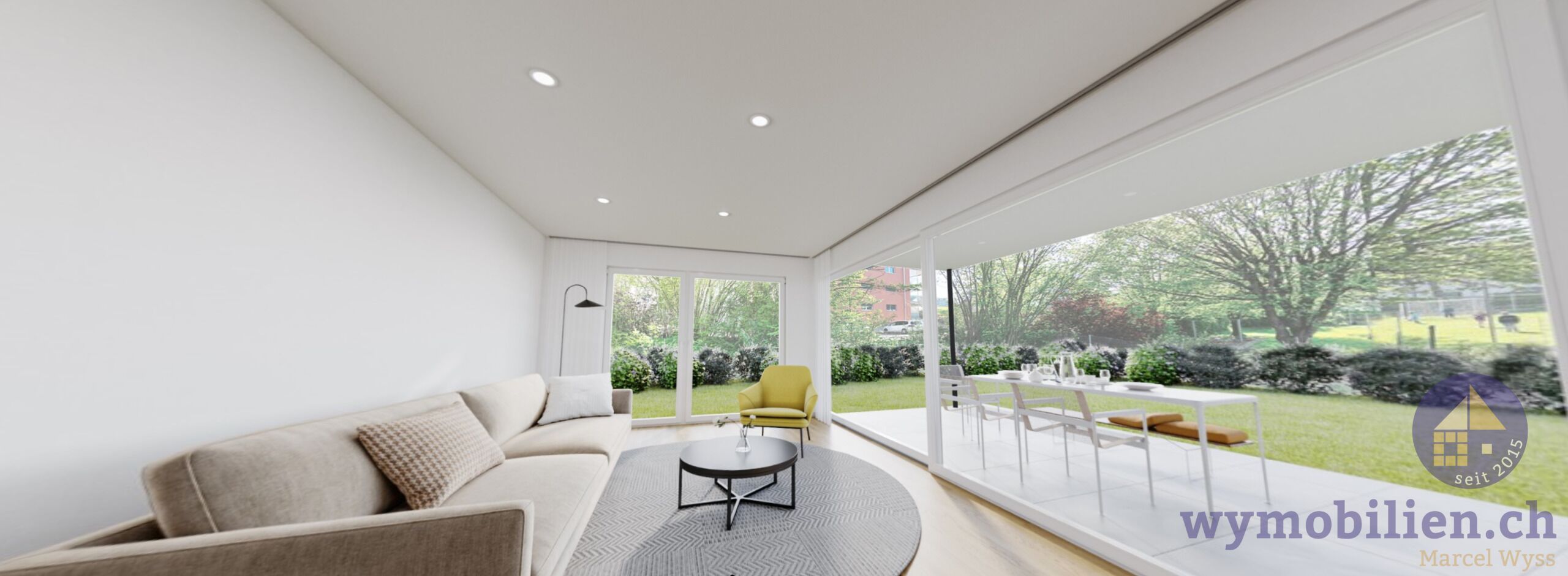 Blick vom Wohnbereich auf die Terrasse