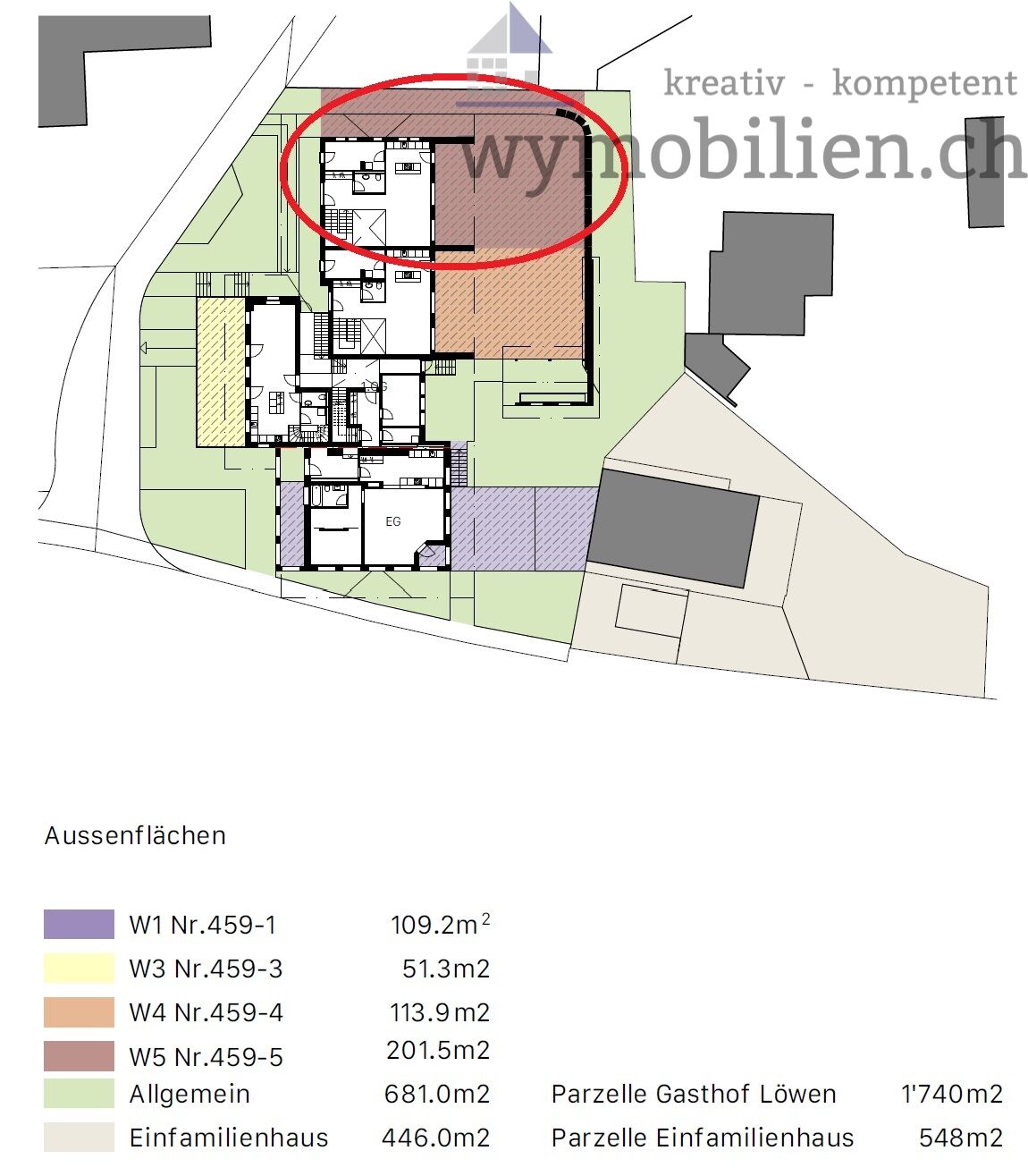 Reihenhaus W5 rot  gekennzeichnet