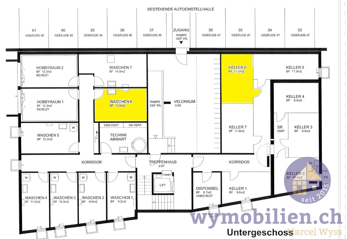 Grundriss UG mit priv. Keller und priv. Wasch-/Bastelraum (gelb markiert)