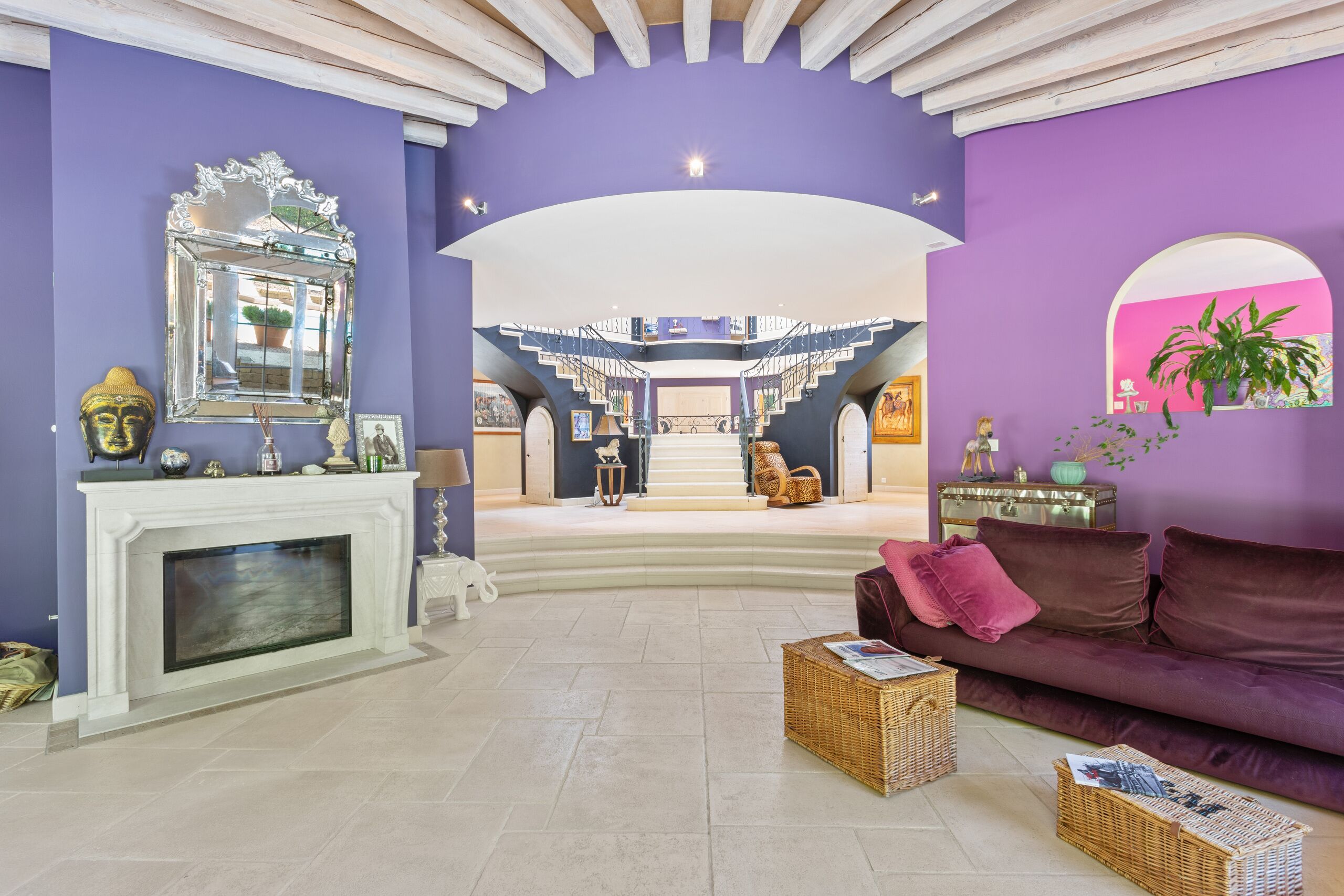 Spacious living room with fireplace