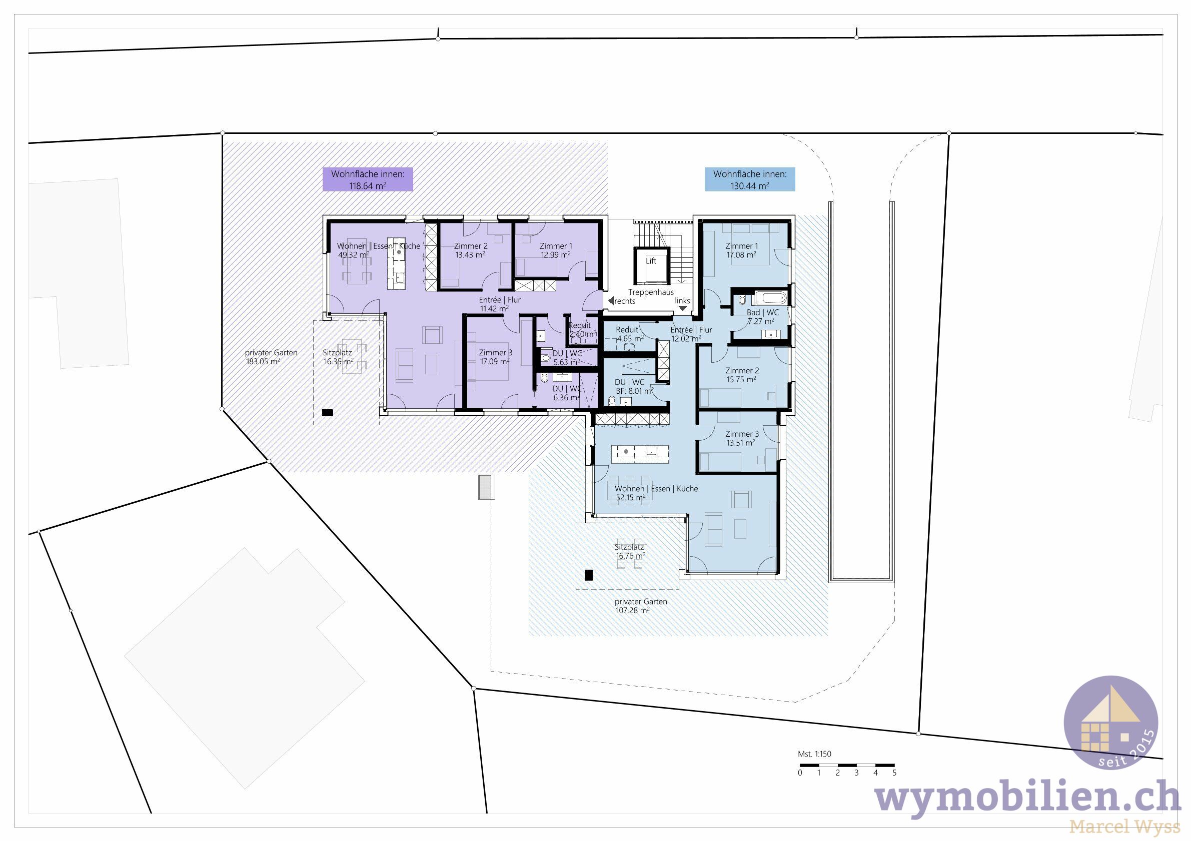 Wohnung 522-2 = violett, schraffierte Fläche = priv. Gartenbereich