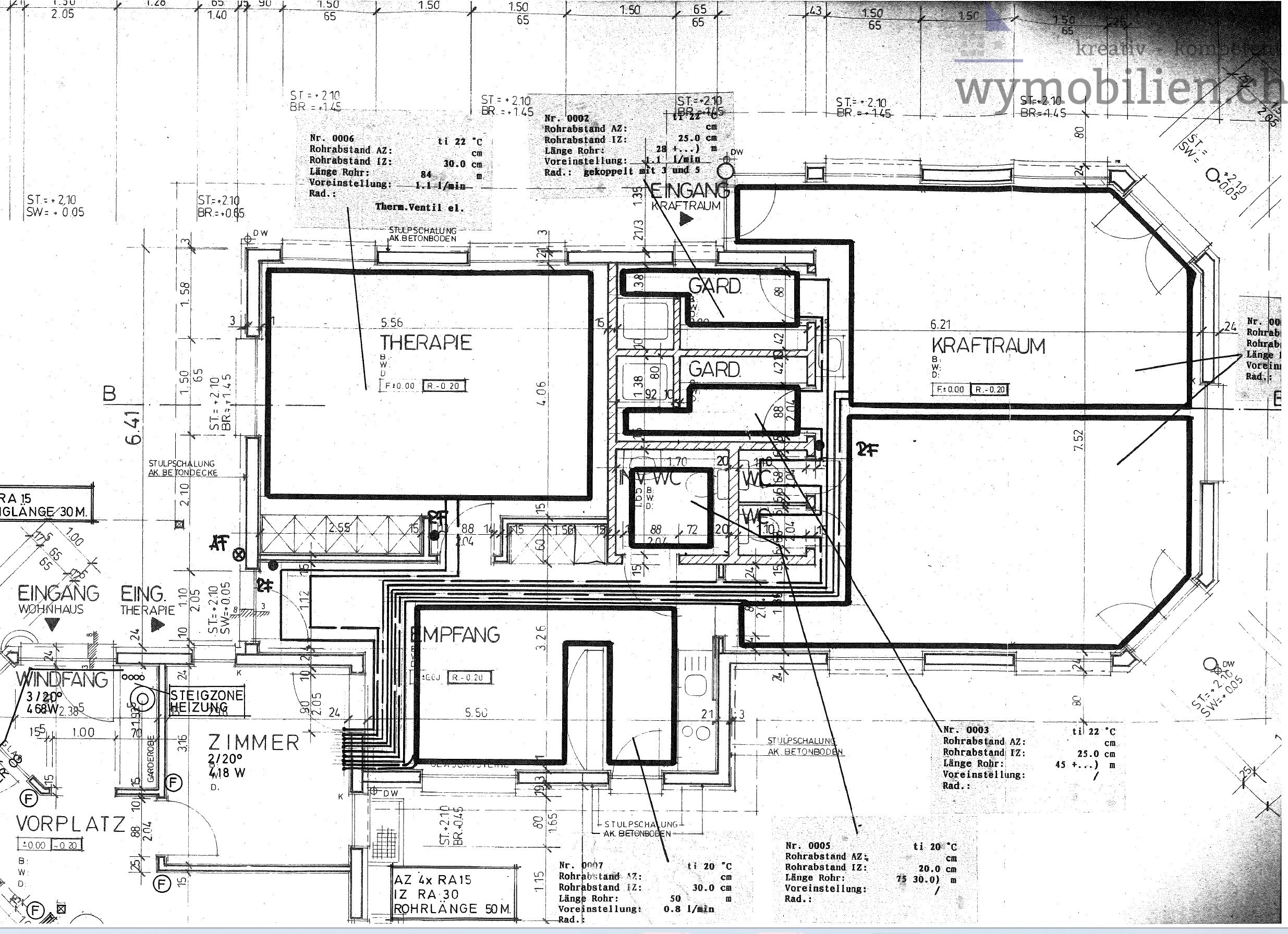 Grundriss Nebengebäude mit Praxis, Garderoben, WC's, Kraftraum