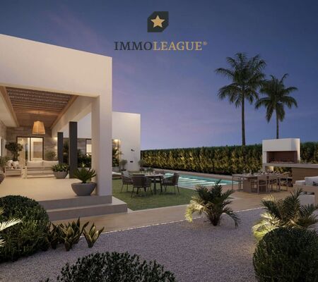 Eine stilvolle Wohlfühloase mit modernem Pool, einladenden Loungebereichen und mediterranem Flair unter abendlichem Himmel.