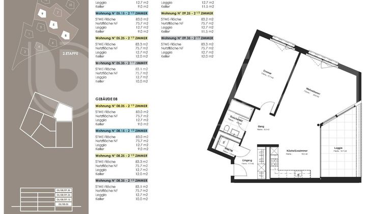 Appartement 2.5 pces, 5.35, 3ème étage, 76.1 m2