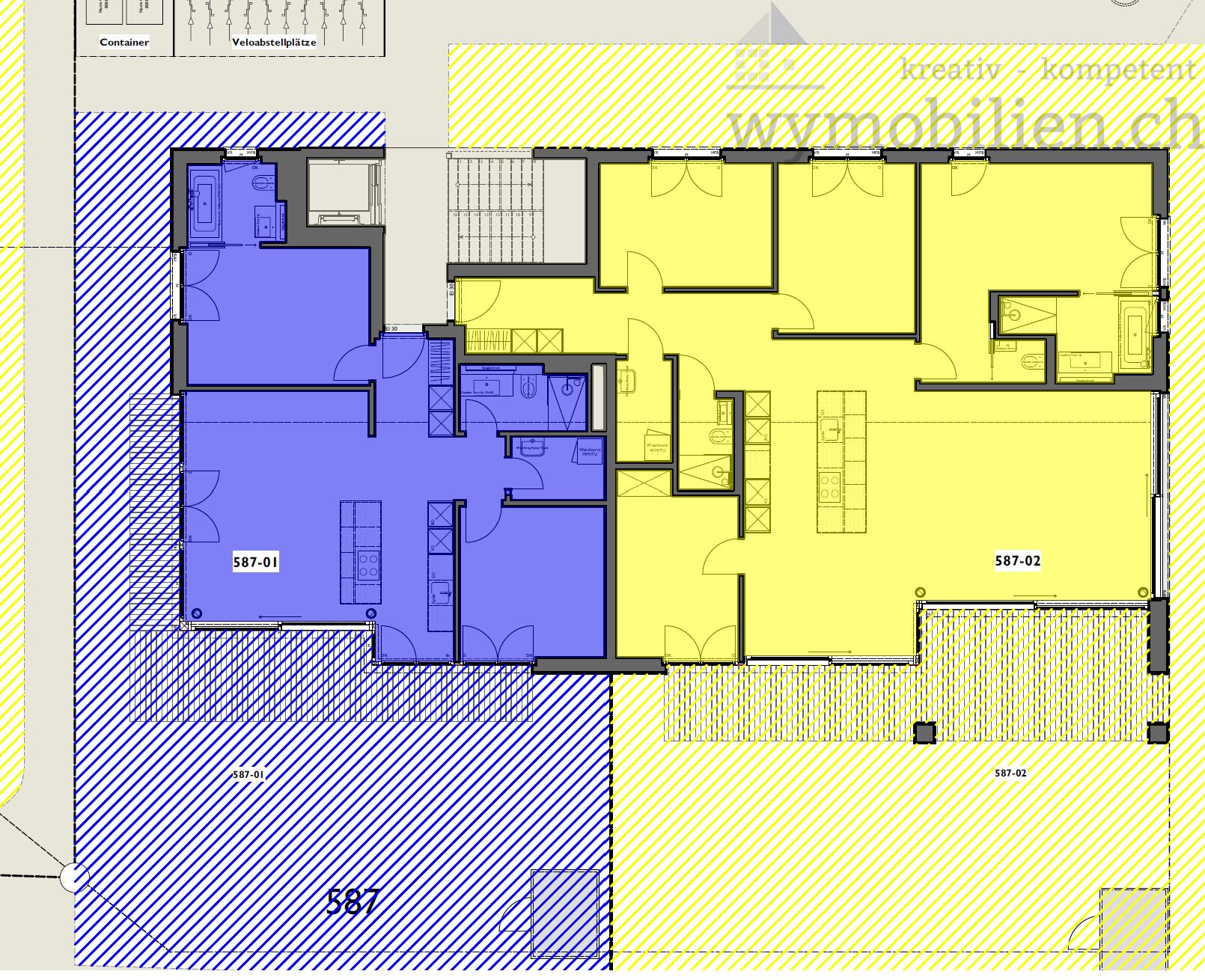 Grundriss 587-1 mit priv. Gartenbereich (blau schraffiert)