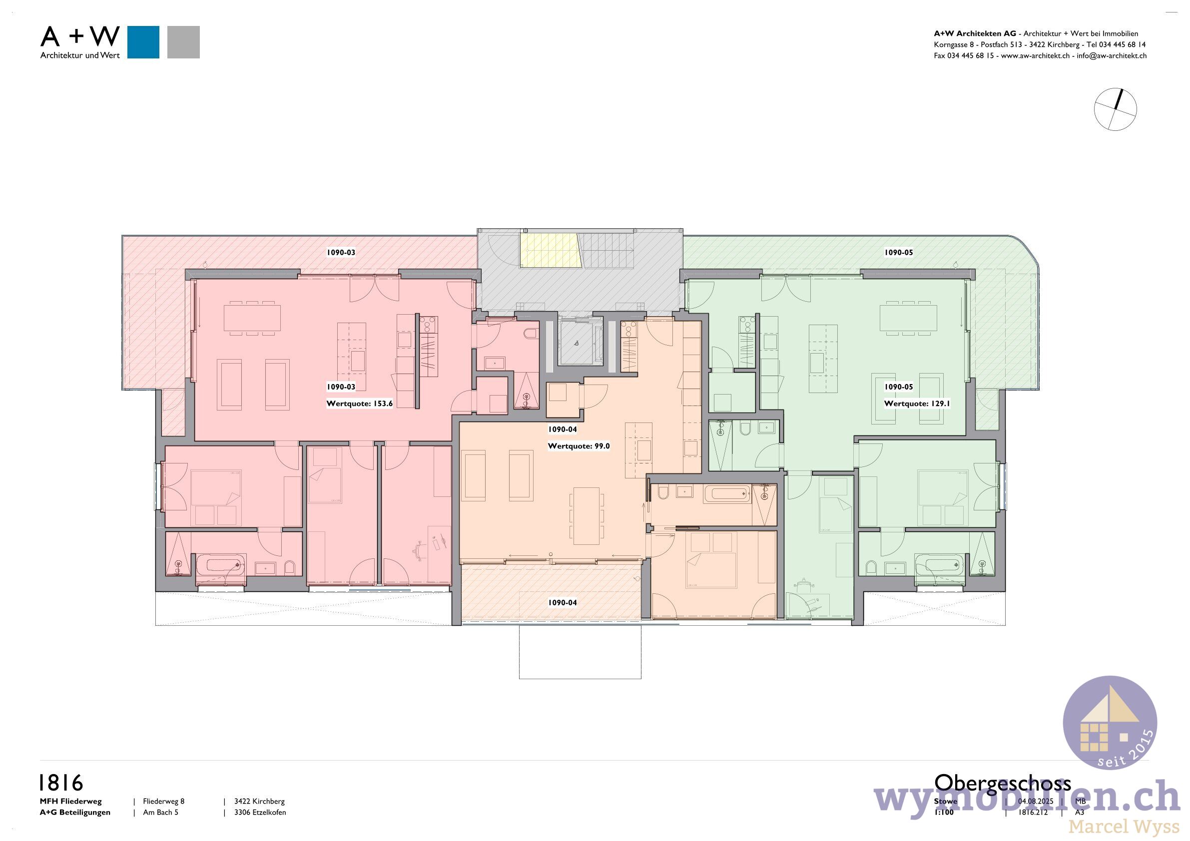 Grundrisse der 3 Wohnungen im OG - 1090-03 (rot)