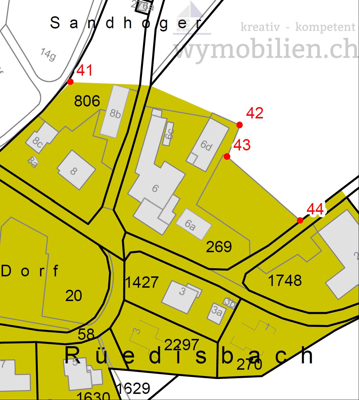 Zum Verkauf steht ein Teil der Parzelle 269, in der Dorfzone liegend (grün)