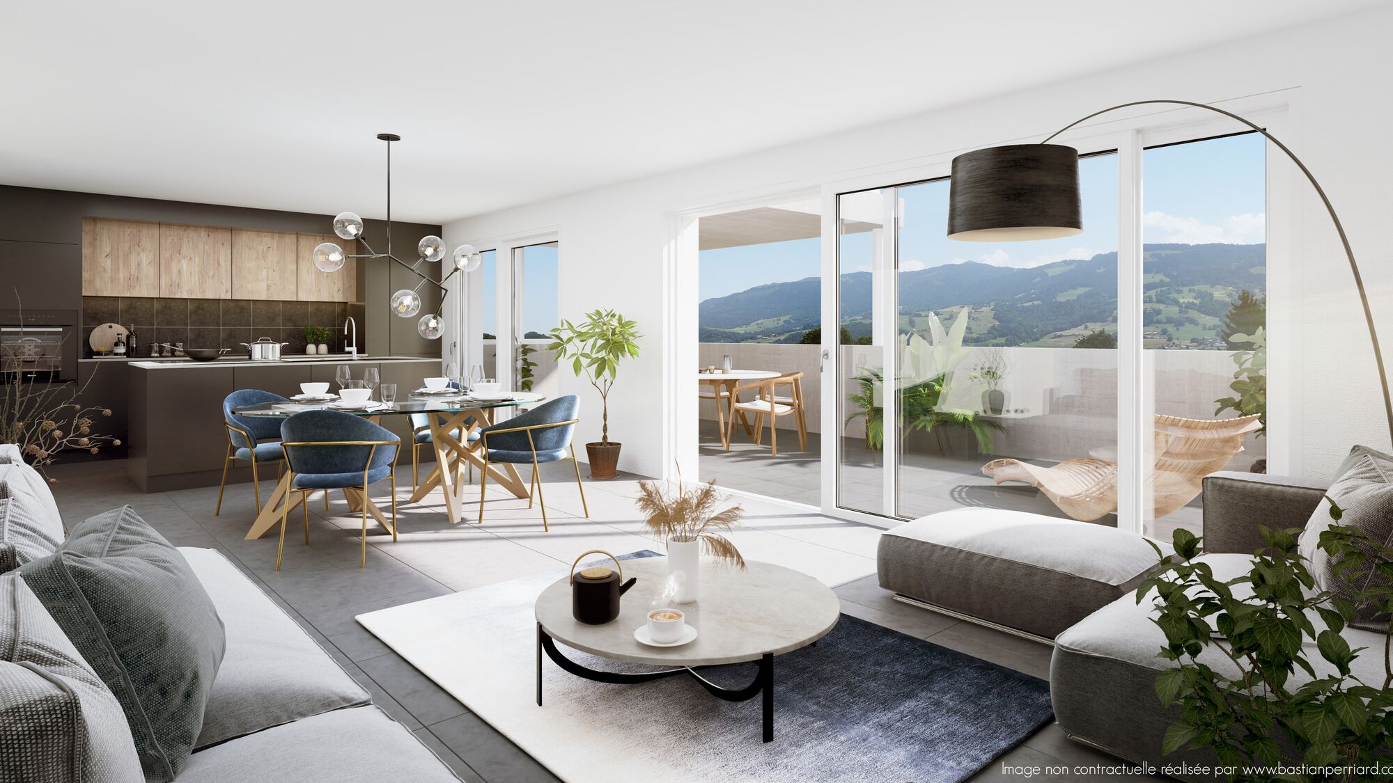 Salon, coin à manger et cuisine des villas contigües