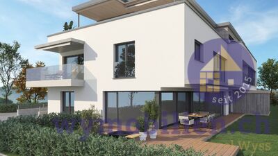 Ansicht West mit der Garten- und OG Wohnung West (1090-01 / 1090-03)