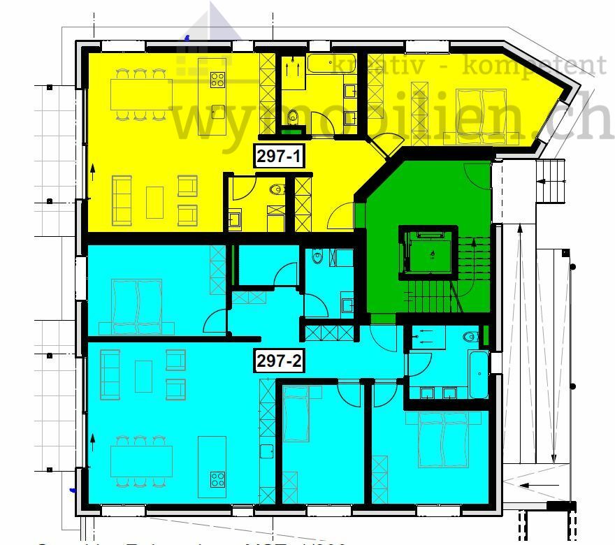 Gelb= Wohnung 2.5 / Blau= Wohnung 4.5 (verkauft)