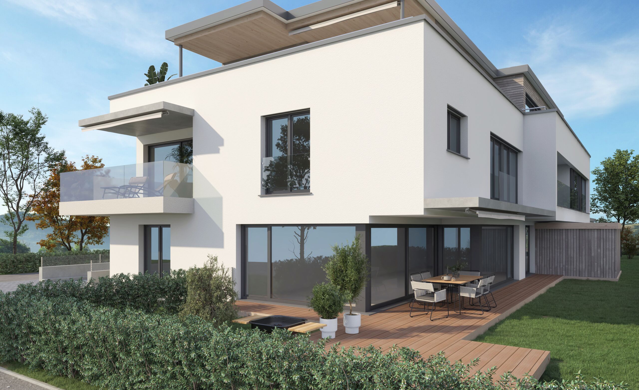 Ansicht West mit der Garten- und OG Wohnung West (1090-01 / 1090-03)