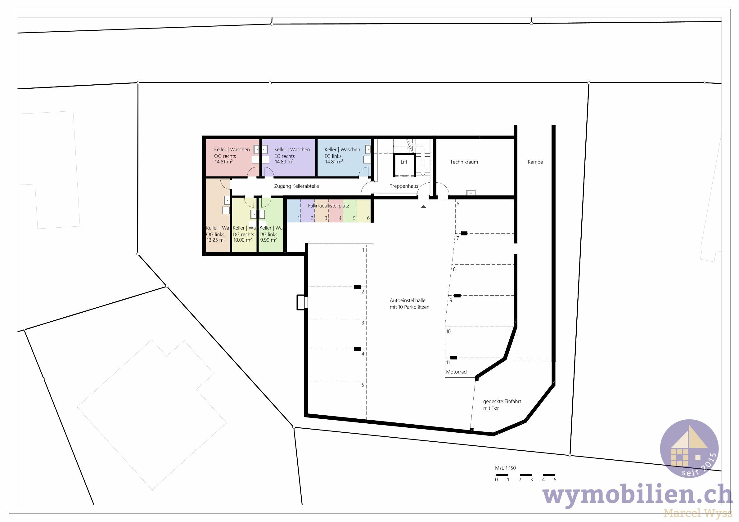 Untergeschoss mit der Zuteilung der Keller, Veloparkplätze und Parkplätze
