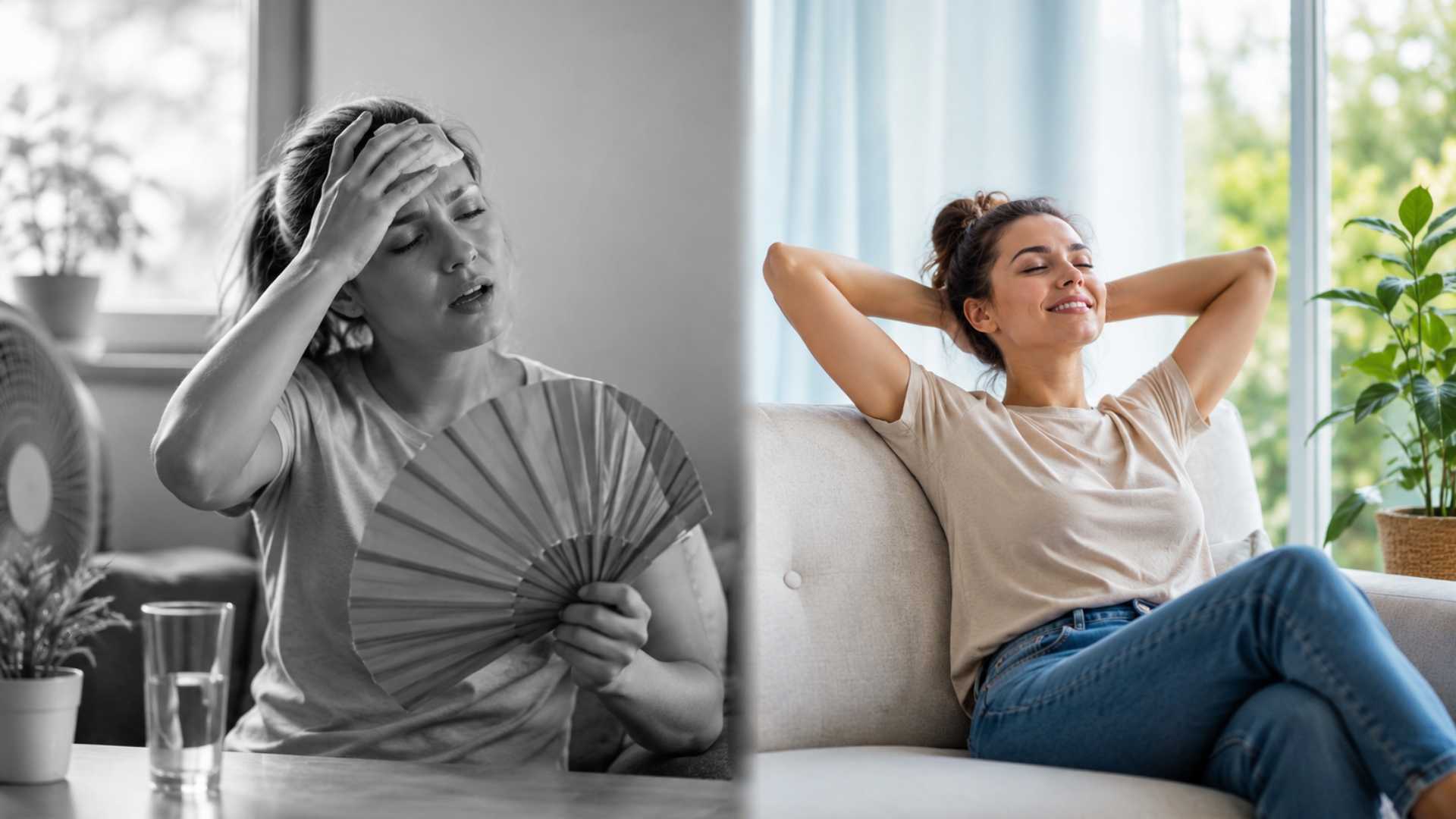 Image montrant la différence entre un logement trop chaud en été et un intérieur frais et agréable grâce à de bonnes astuces contre la chaleur.