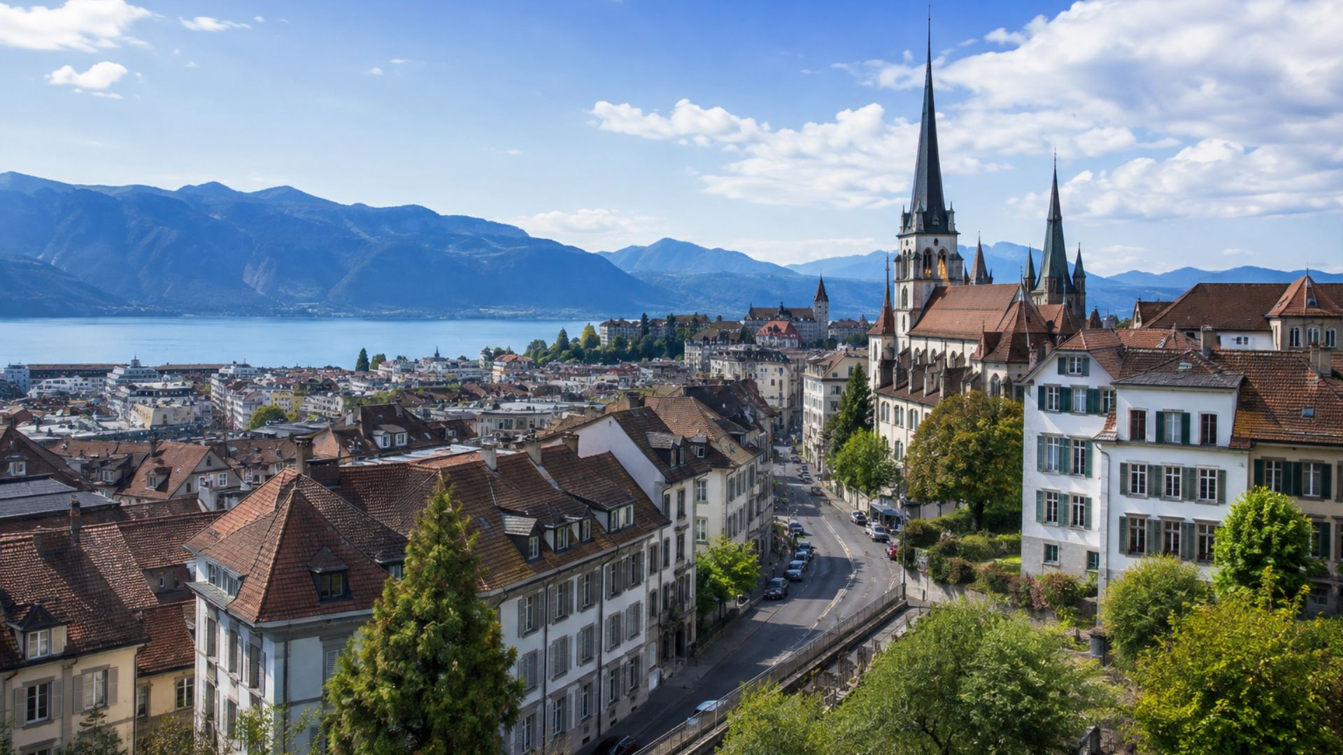 Blick auf eine Schweizer Stadt mit Wohngebäuden, einem See und Bergen im Hintergrund.
