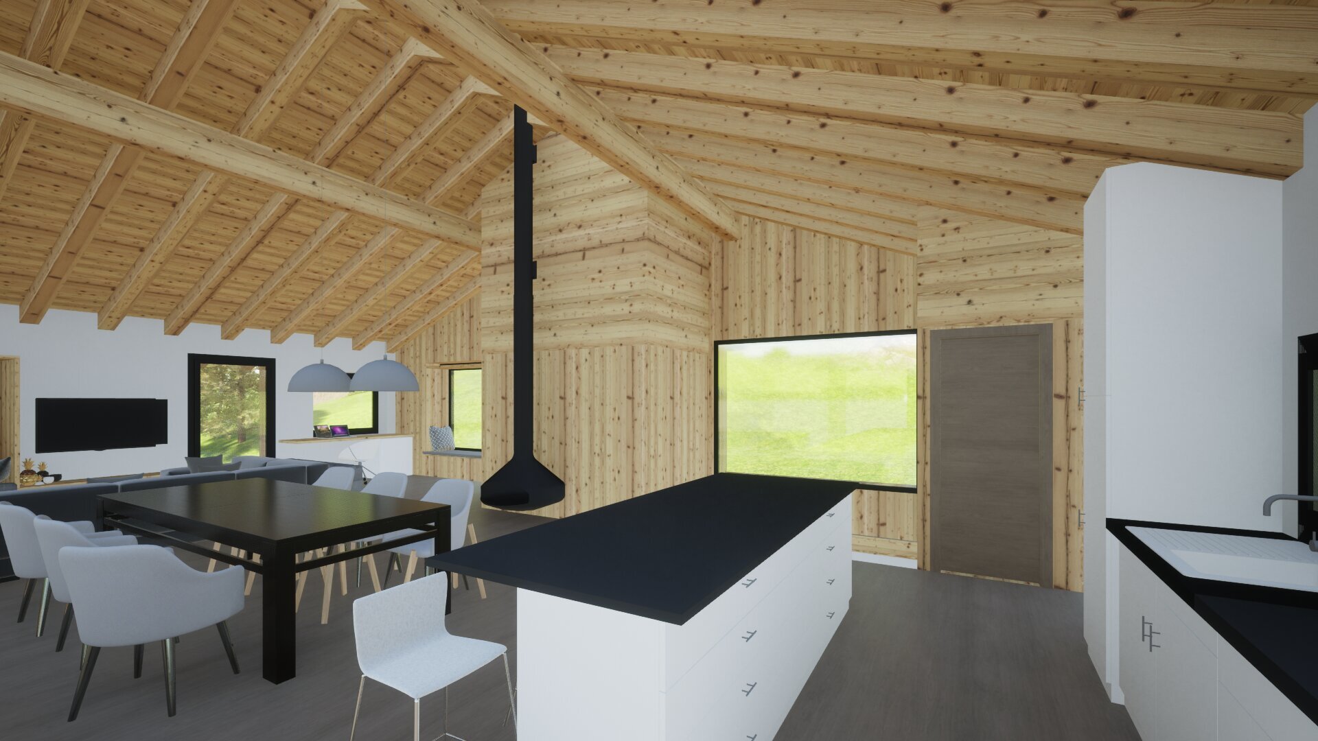 l'intérieur d'une maison moderne aux murs et au plafond en bois, avec une grande salle à manger dotée d'une table noire et de chaises blanches