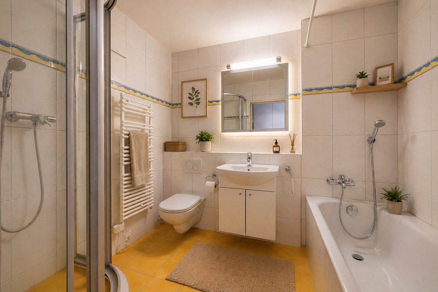 Badezimmer mit Badewanne, Dusche, Lavabo und Toilette