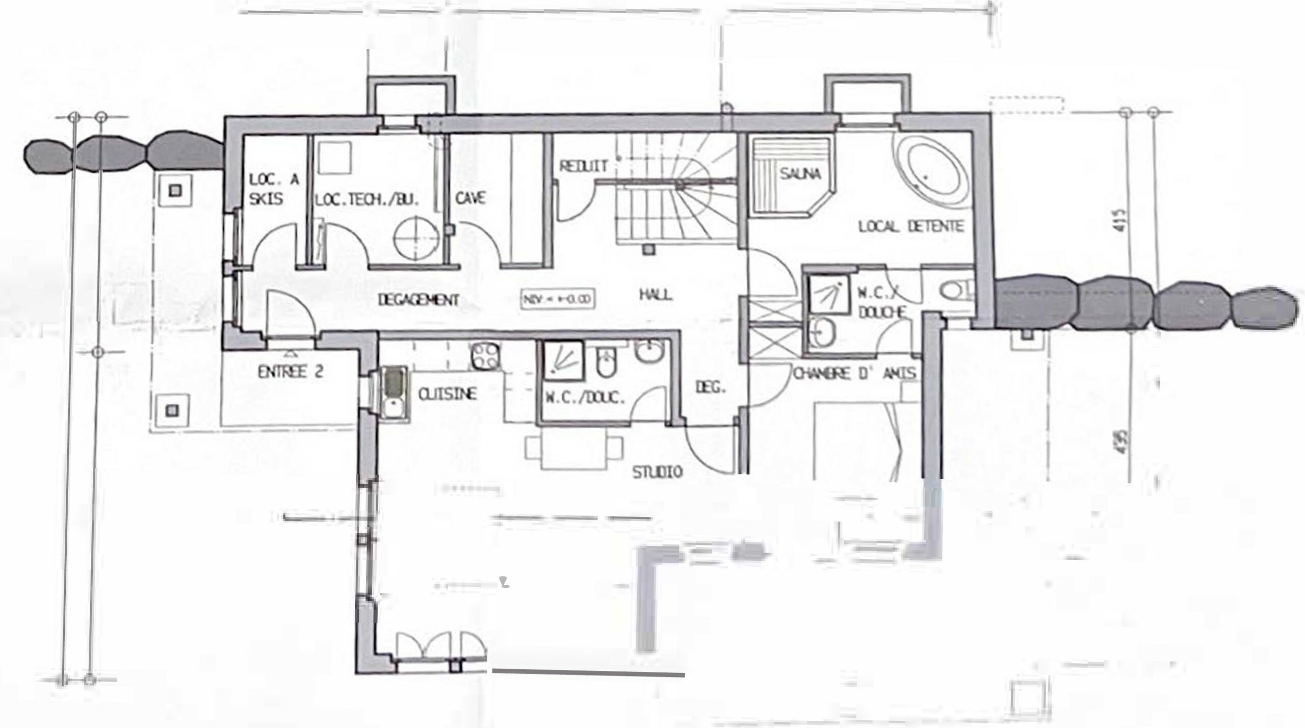 Plan intérieur rez inférieur avec sauna – Chalet La Tsombe à vendre Verbier