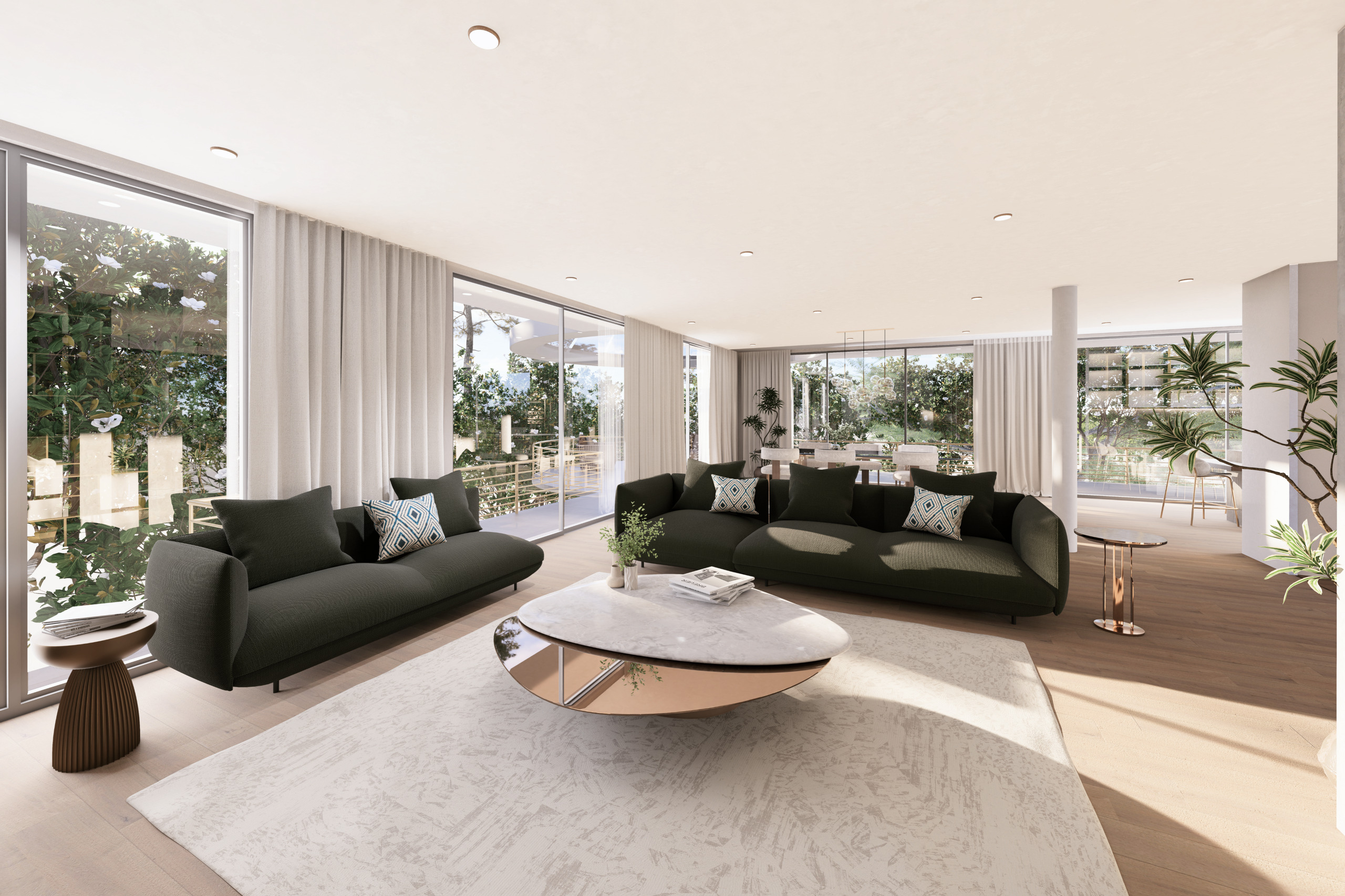 un salon moderne avec de grandes fenêtres, un canapé vert et une table blanche