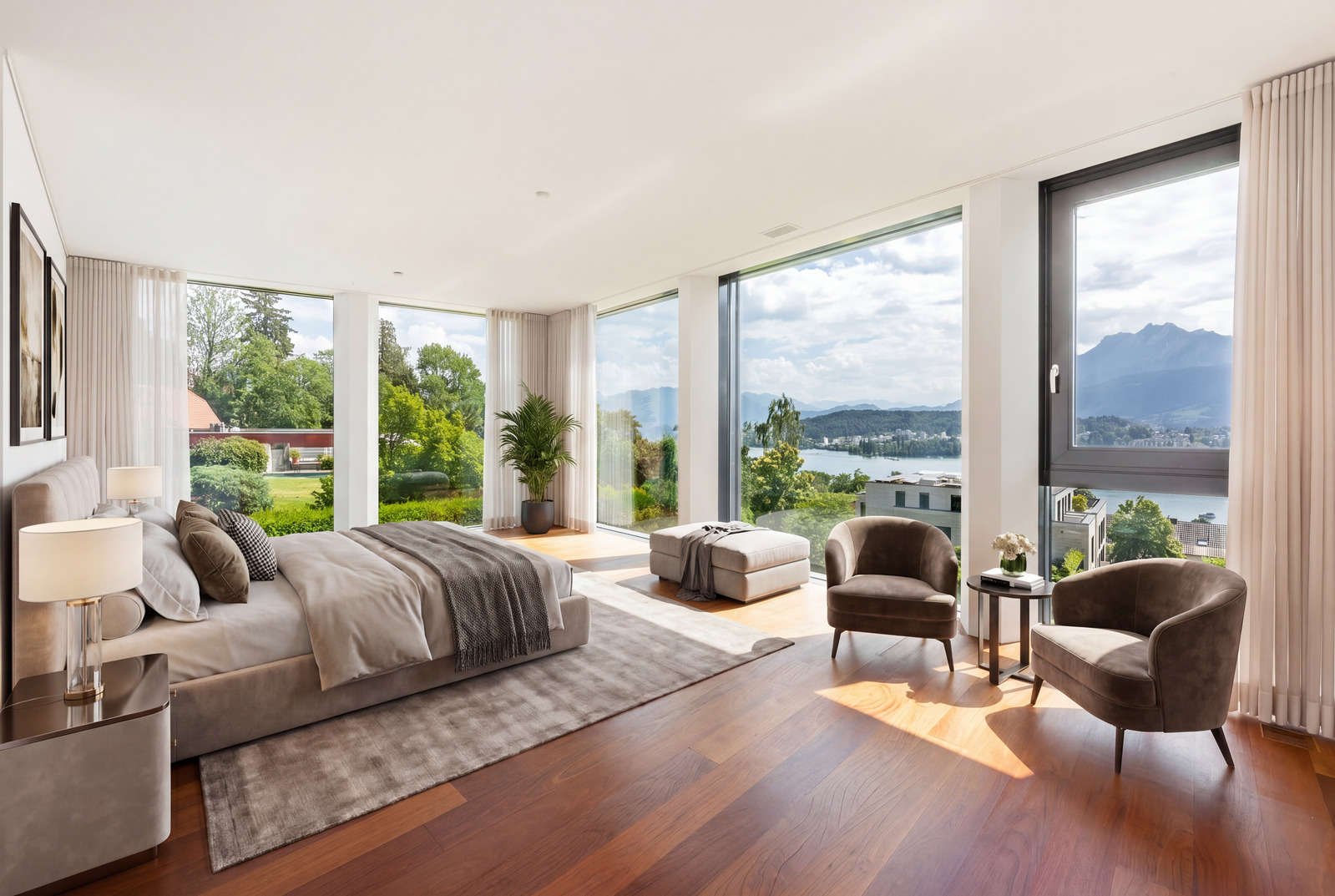 Einmaliges Schlafzimmer mit Panorama auf den See Einmaliges Schlafzimmer mit Panorama auf den See