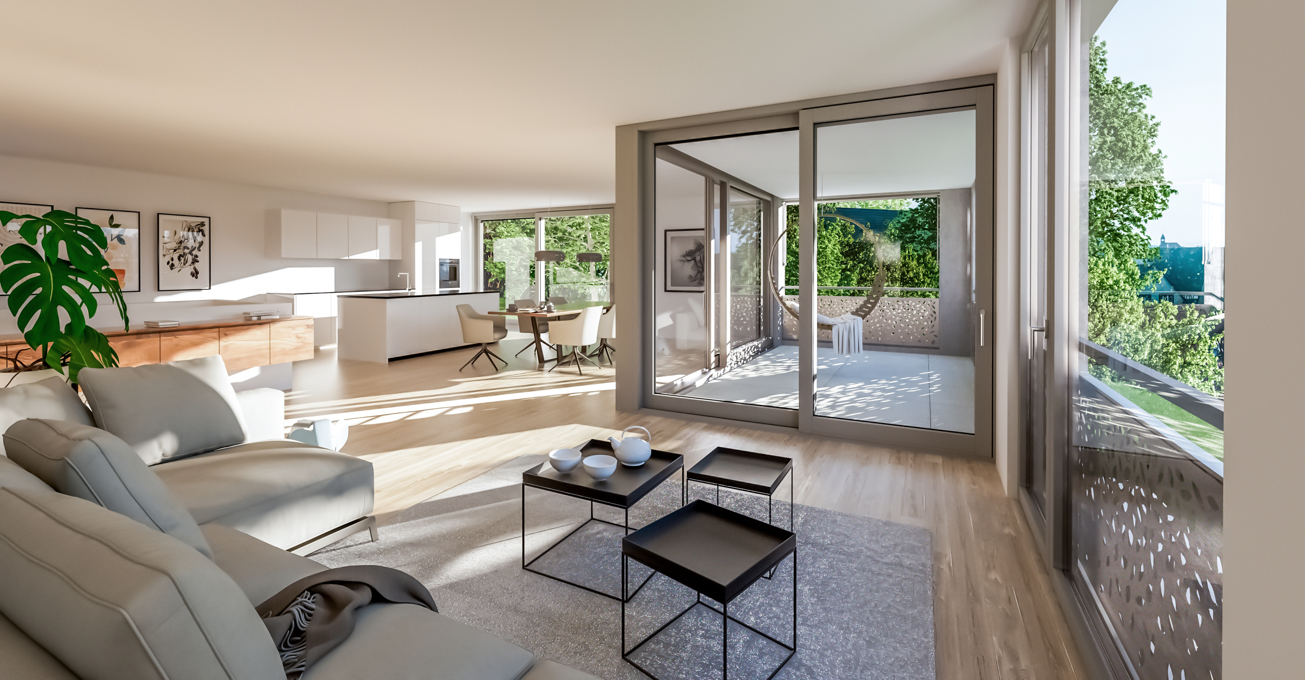 Bild eines modernen Wohnzimmers mit weißen Möbeln und großen Fenstern und Glasschiebetüren