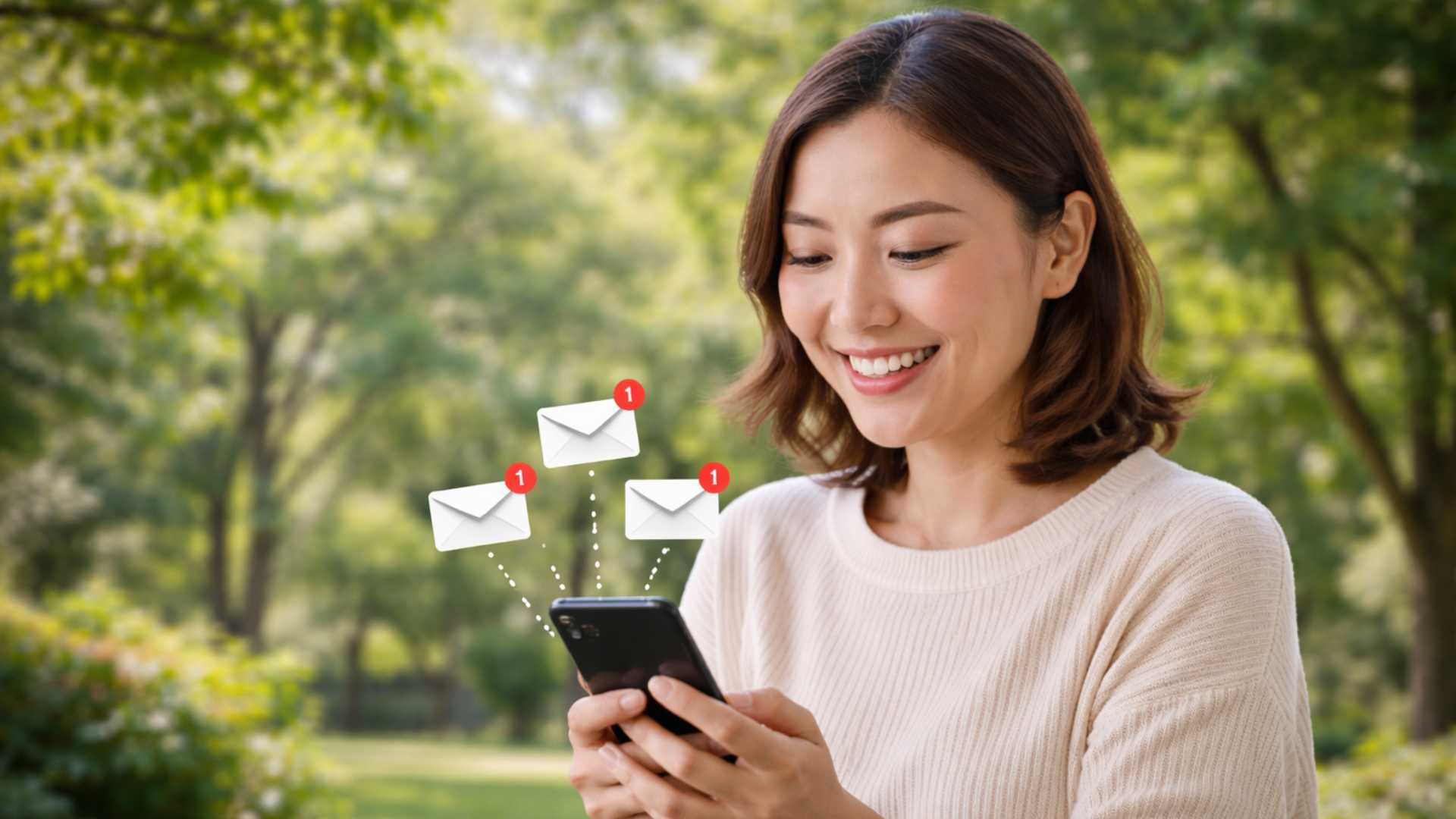 Personne souriante consultant son smartphone avec des notifications d’e-mails en extérieur.