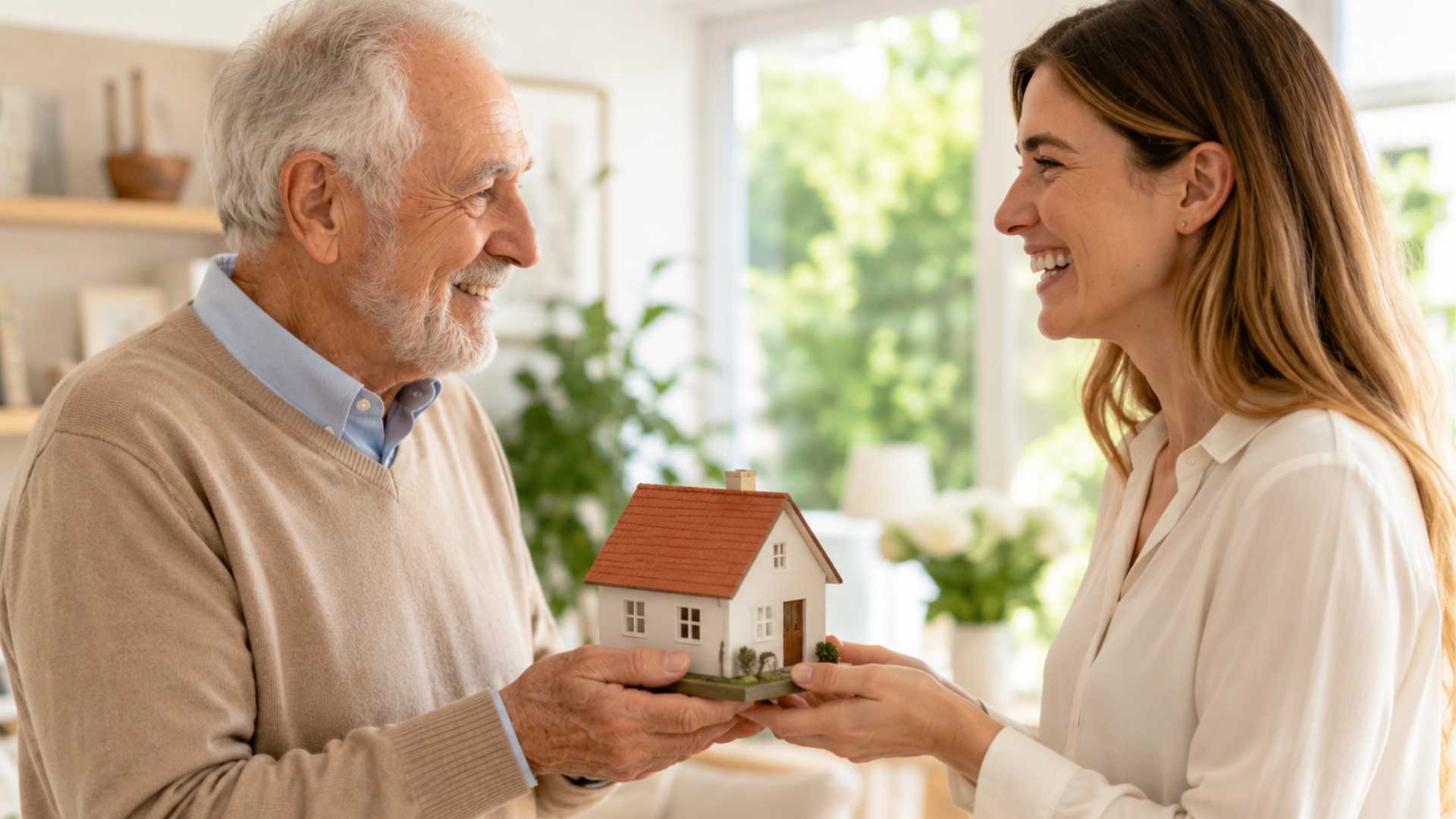 Une personne âgée transmet symboliquement une maison à une jeune génération dans une ambiance chaleureuse et lumineuse.