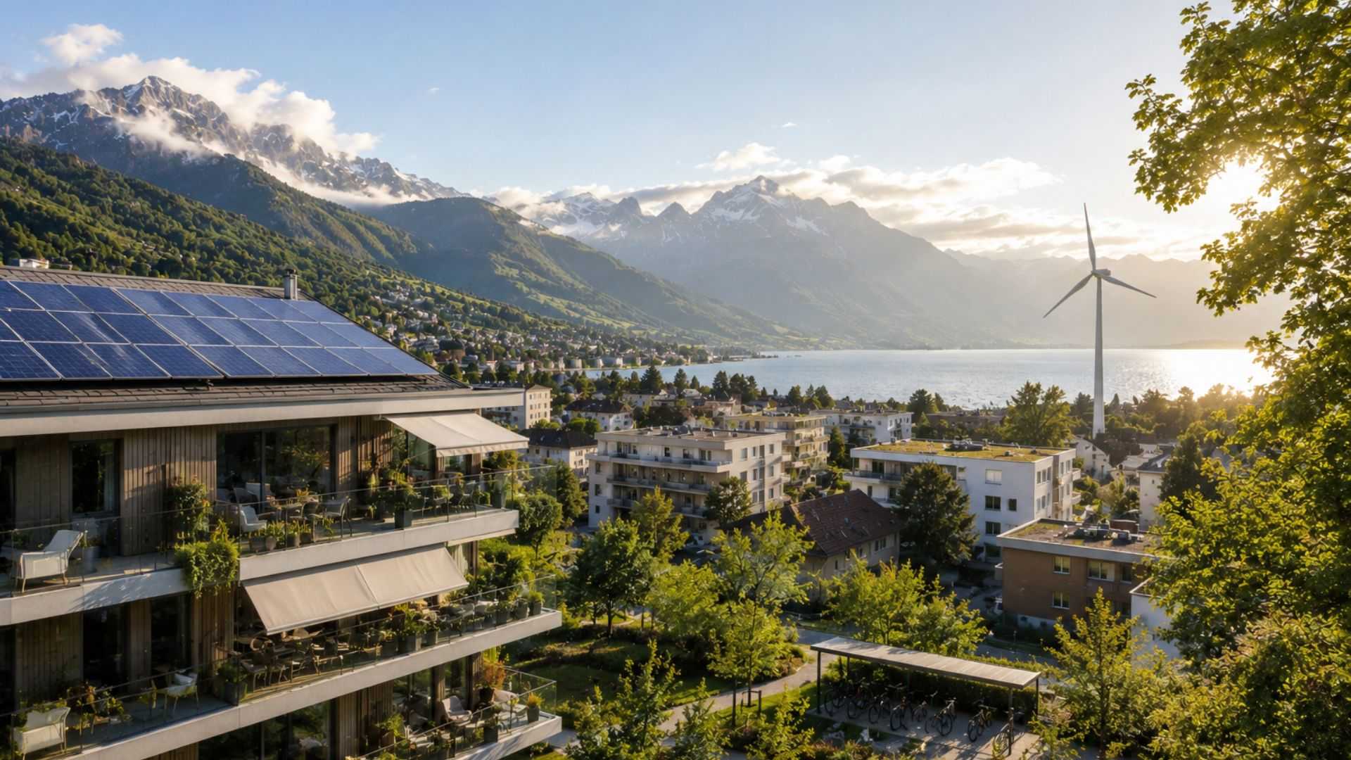 Quartier résidentiel suisse avec bâtiments durables, panneaux solaires et espaces verts au pied des Alpes.