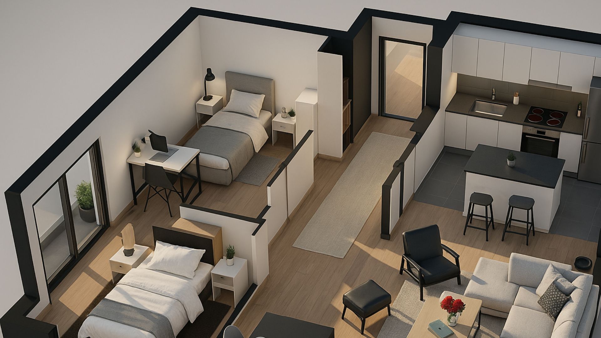 Furnished 3D floor plan of an apartment with bedrooms, an open kitchen, and living area, illustrating 2D and 3D real estate floor plans in Immomig®.